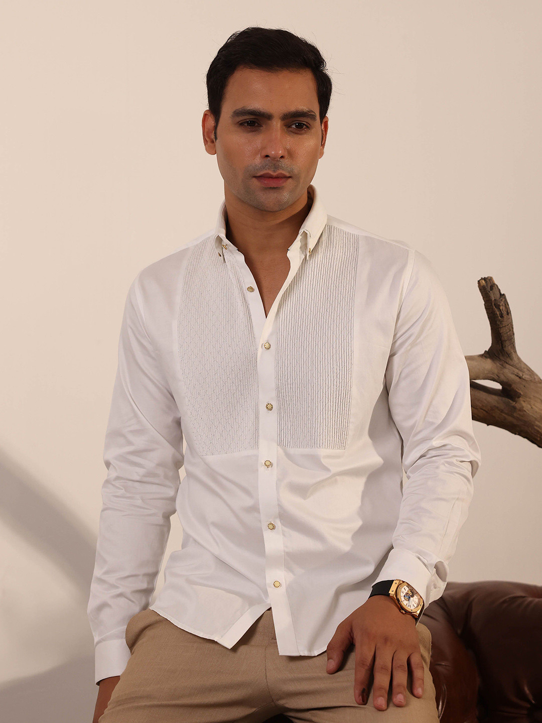 ABKASA Men Classic Fit Spread Collar Textured Cotton Casual Shirt