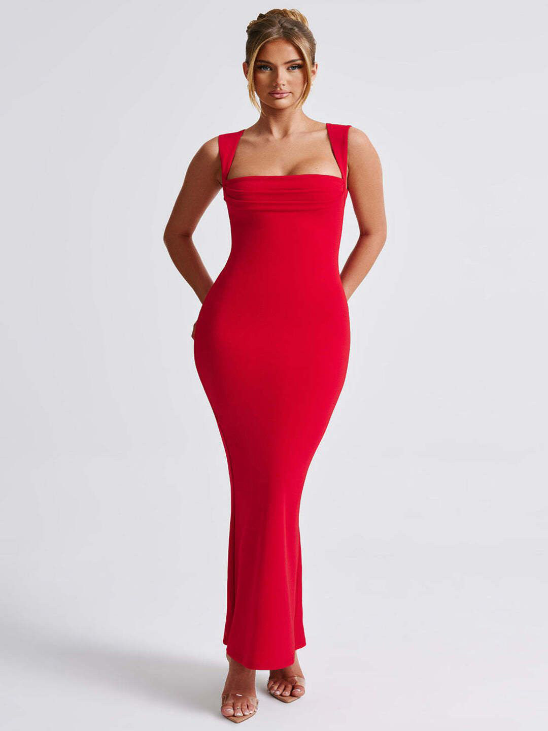 bebe Red Square Neck Sleeveless Bodycon Maxi Dress