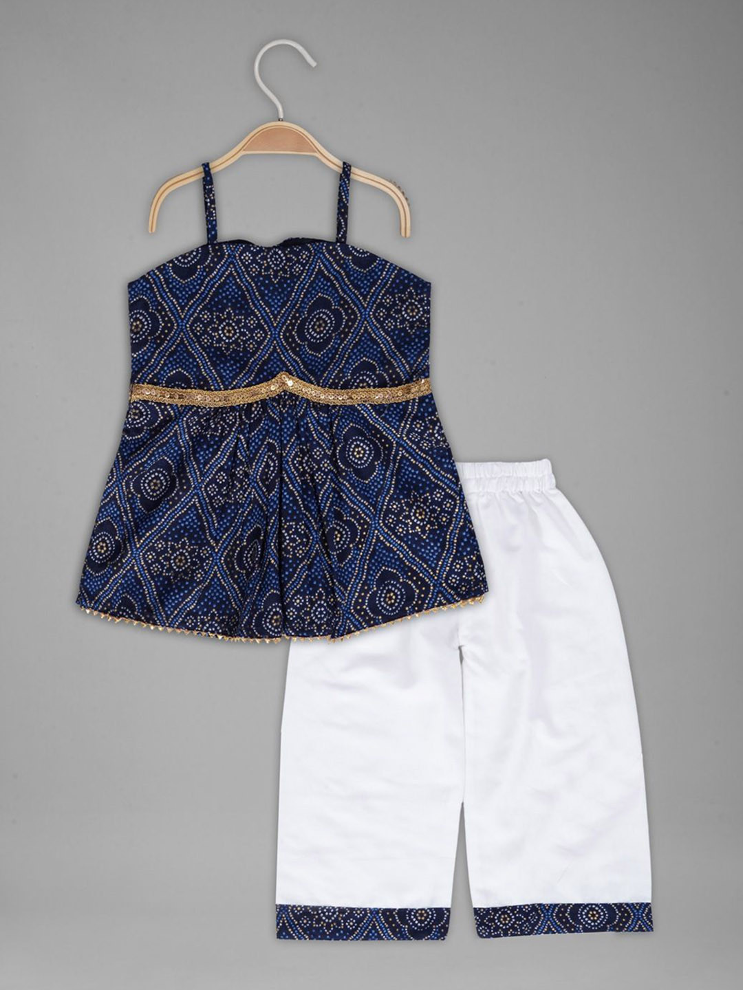 Anneca Girls Bandhani Printed Empire Shoulder Straps A-Line Kurti With Trousers