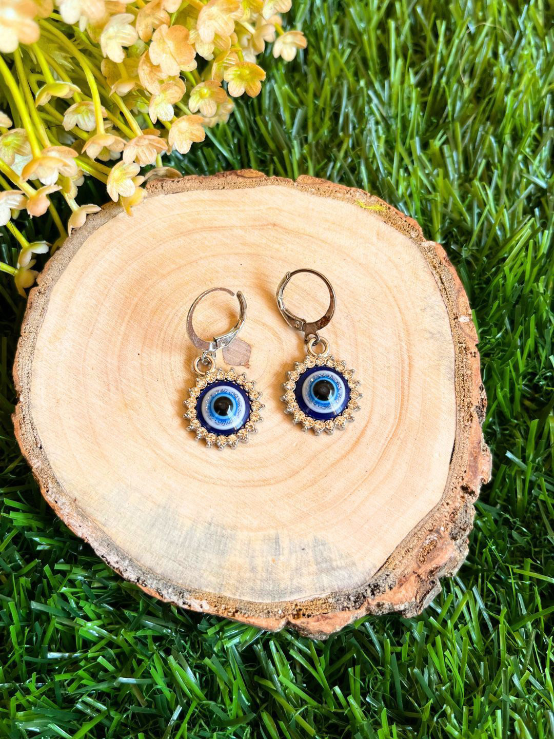 DressBerry Stainless Steel Stones Studded Evil Eye Sunflower Quirky Shaped Hoop Earrings
