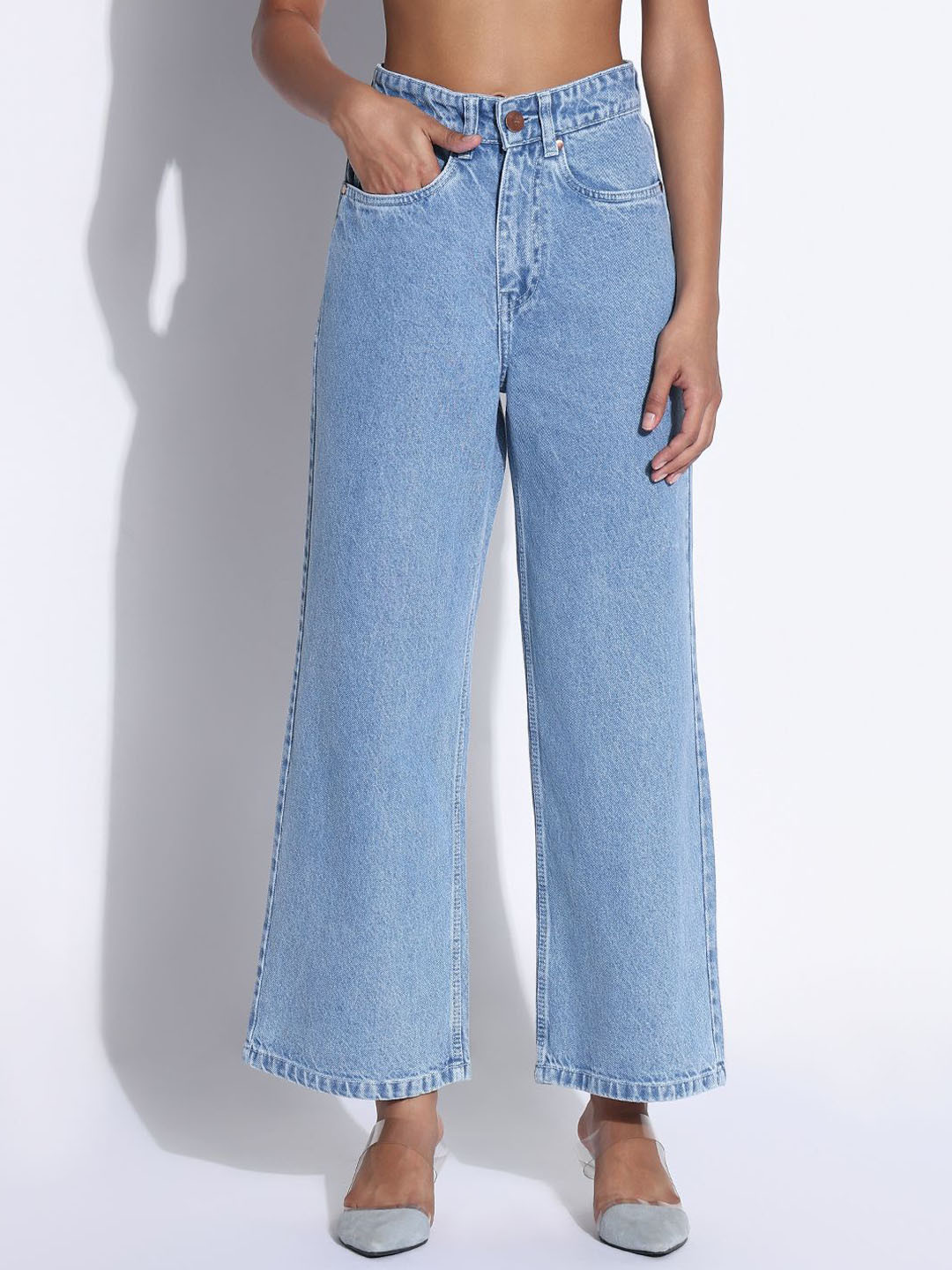 SHOWOFF Women Comfort Light Fade Acid Wash Wide Leg Jeans