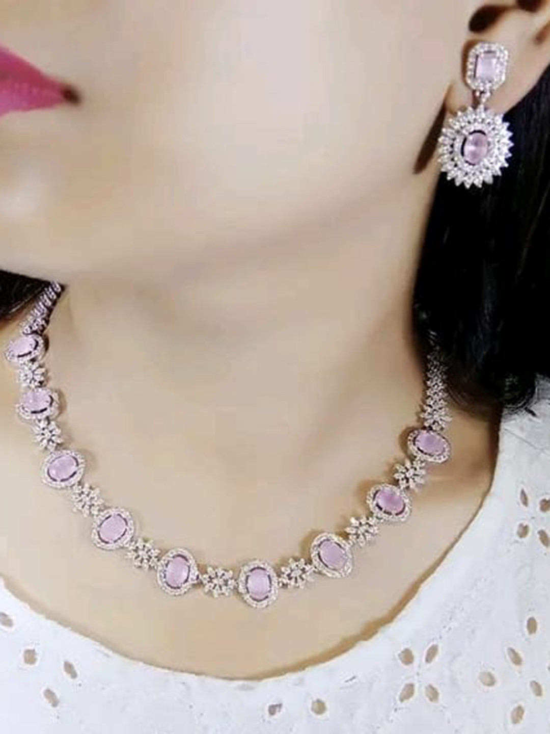 FANCY KF Silver-Plated American Diamond-Studded Jewellery Set