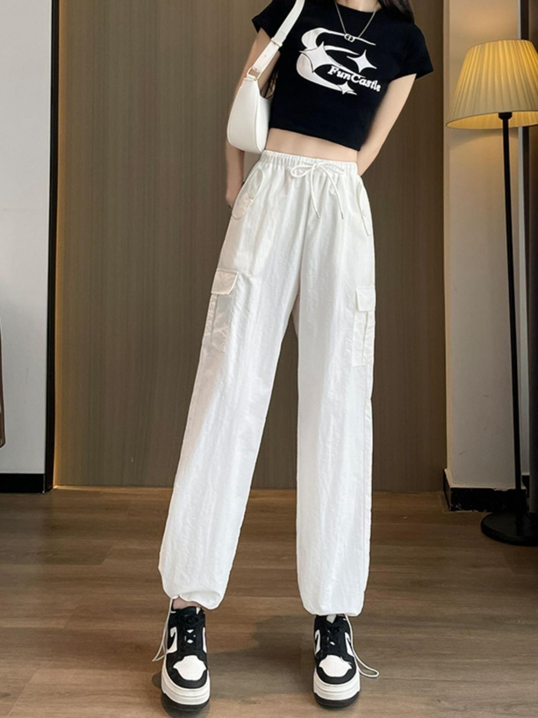 Outzidr Elastic Drawstring Cargo Trousers