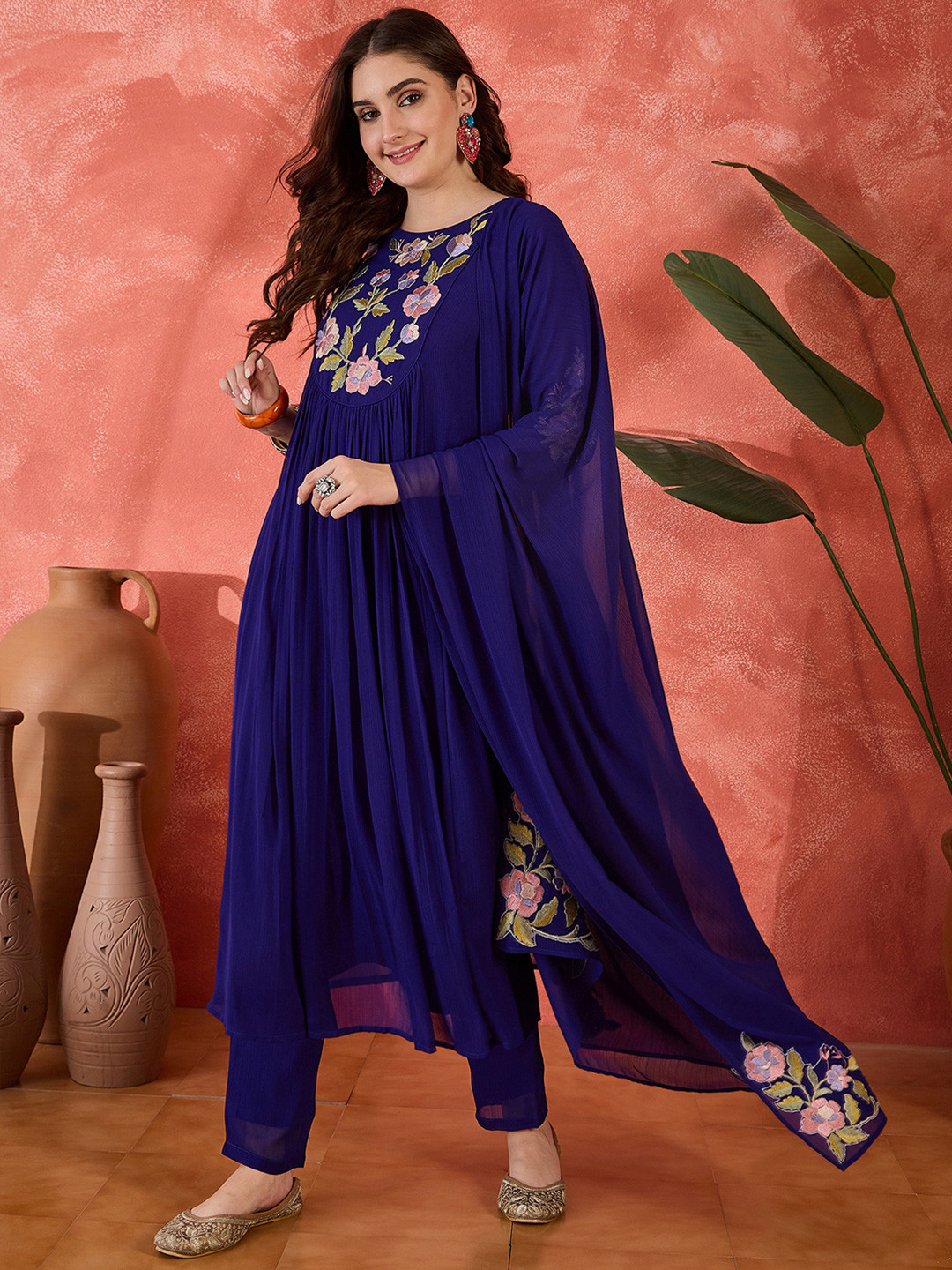 Sangria Floral Yoke Design Straight A-Line With Trouser And Dupatta