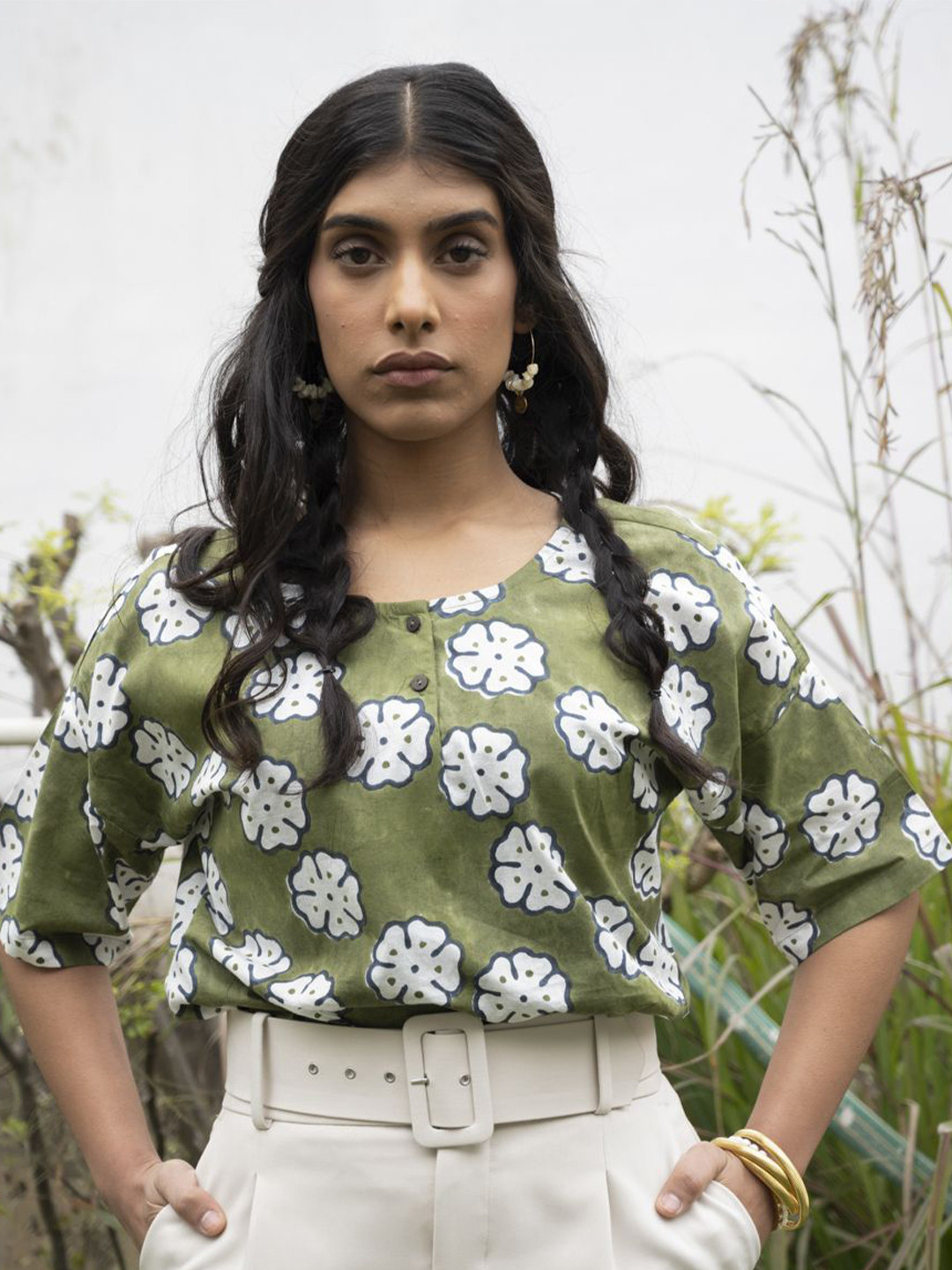 WildMoss Handblock Printed In Abstract Floral Loose Fit Pure Cotton Top