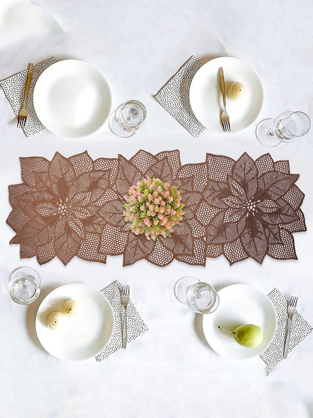 Aura Brown Flower Design Leather Table Runner