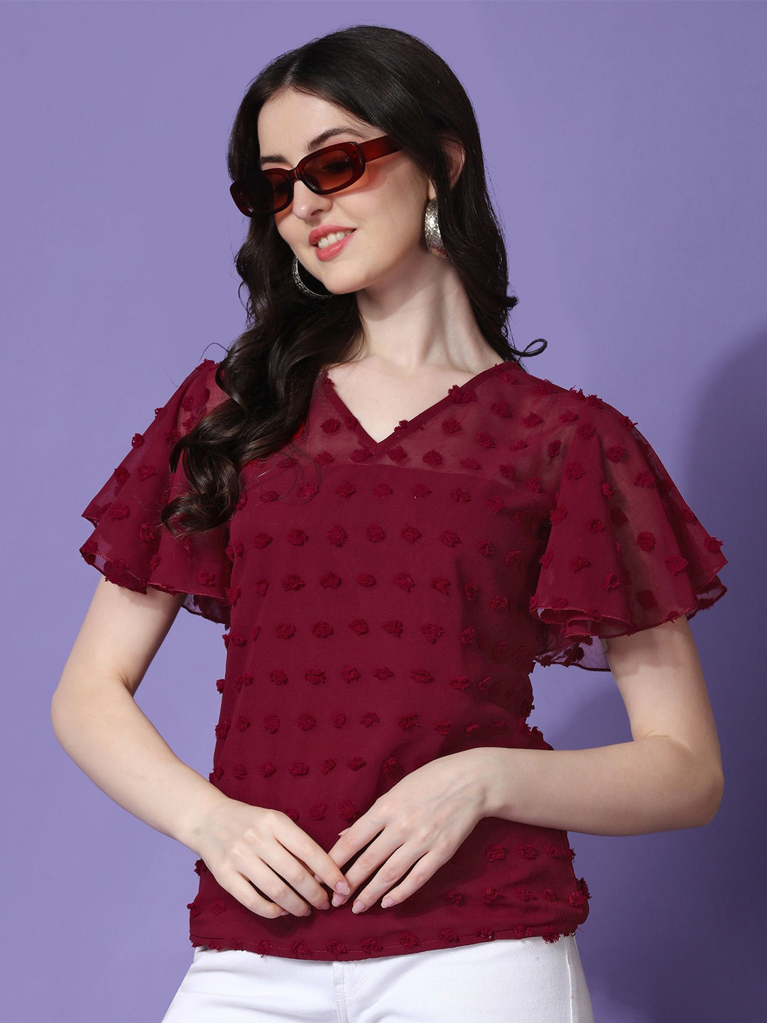 De La Moda Self Design Flared Sleeves V-Neck Top