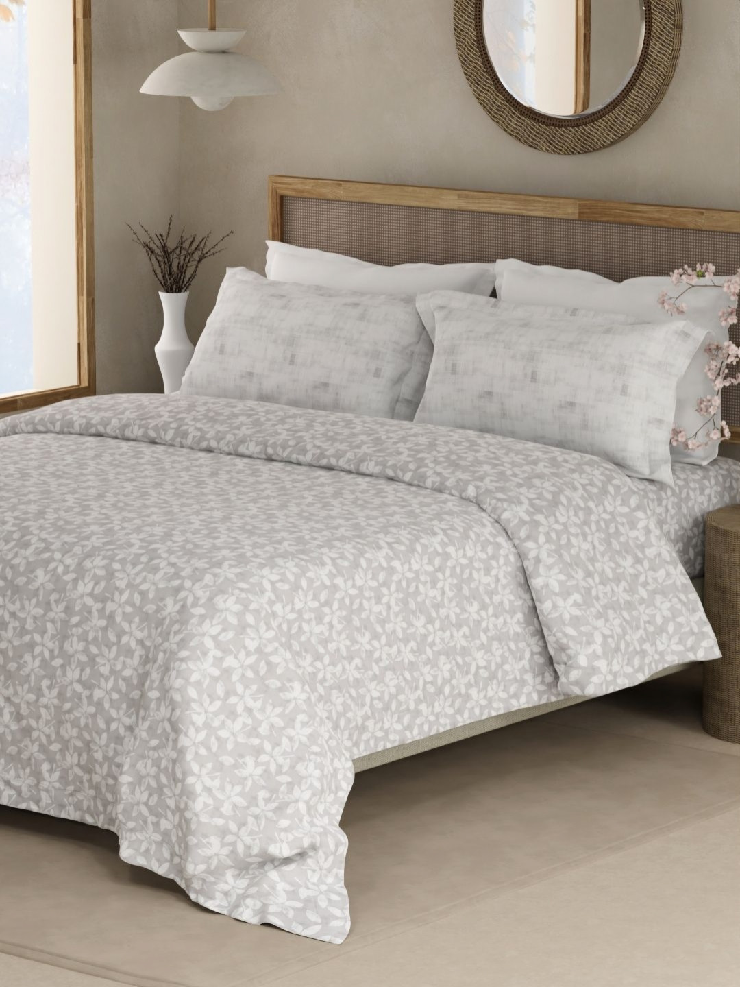 Boutique Living India Valatia White Printed Cotton 200TC Double Bedsheet Set 2.5 m x 2.2 m
