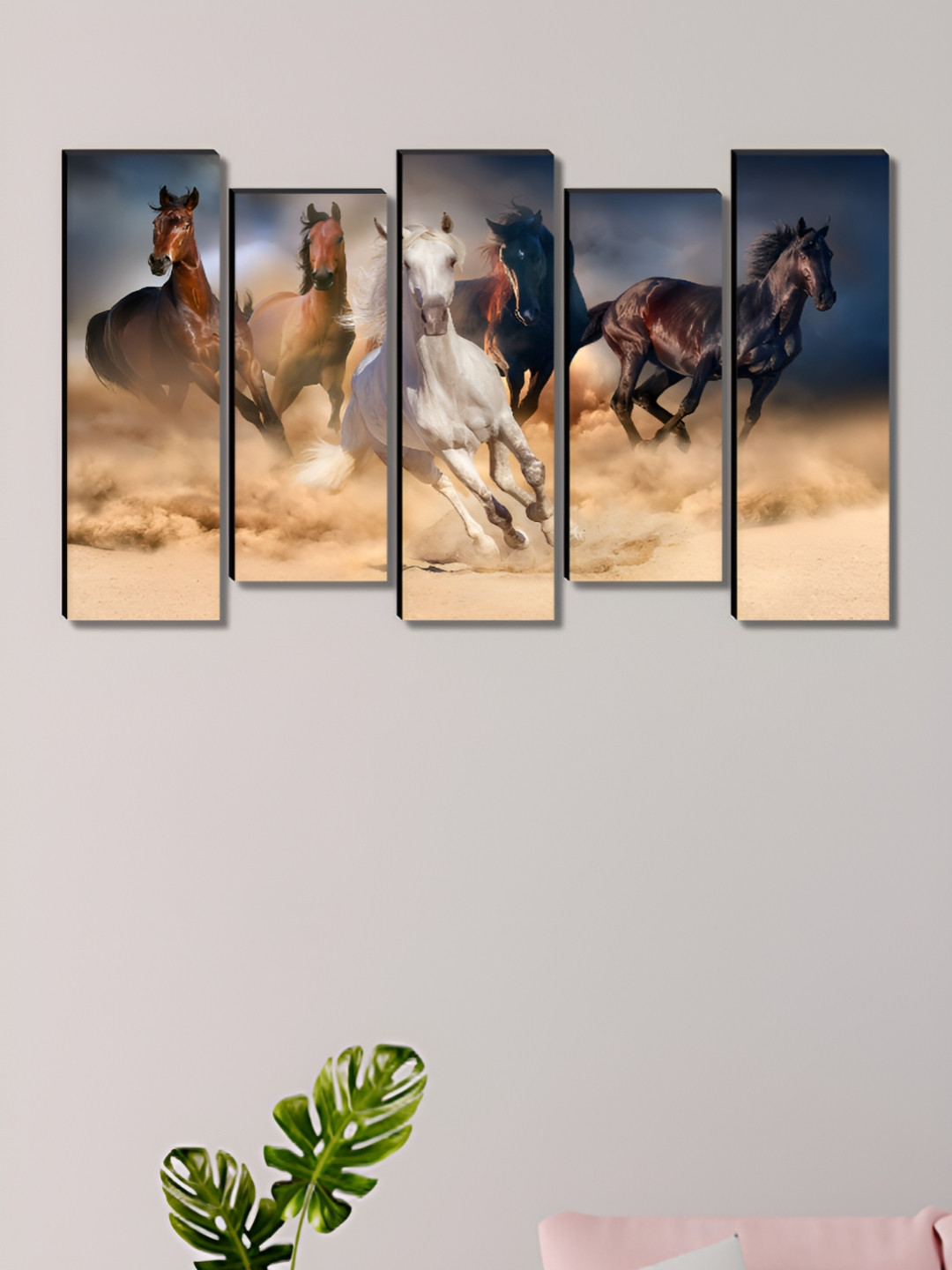 Myntra Elegant Homes Blue & Beige 5 Pieces Wood Running Horse Birds & Animals Wall Art