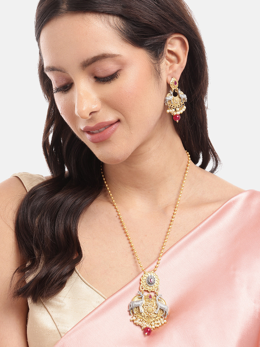 Mansiyaorange Silver & Gold Plated Pearl Studded Temple Pendant Chain and Earrings