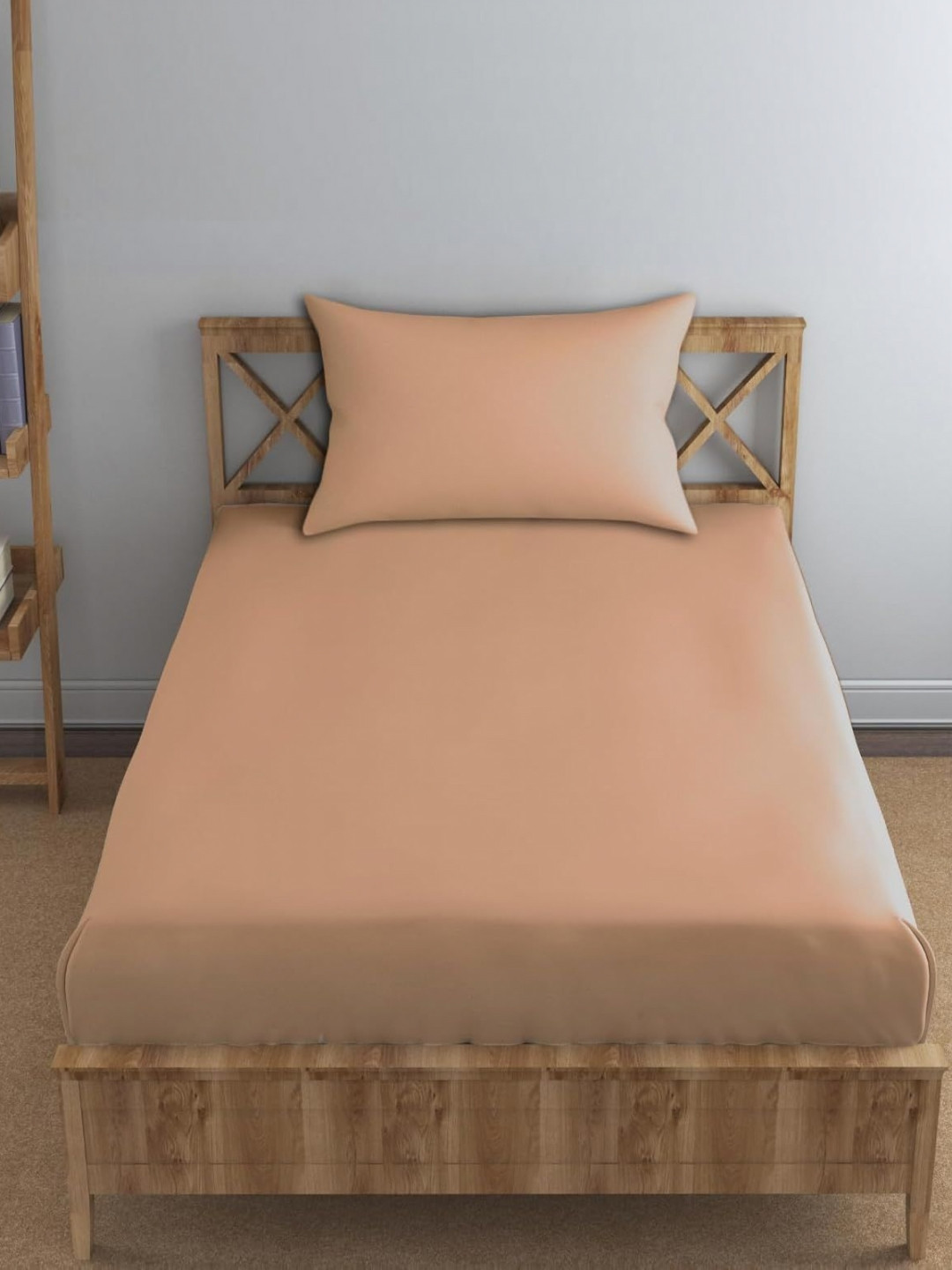 Trance Home Linen Peach Pure Cotton 300 TC Fitted Single Fine Bedsheet with a Pillow Cover-72 x 300 inches