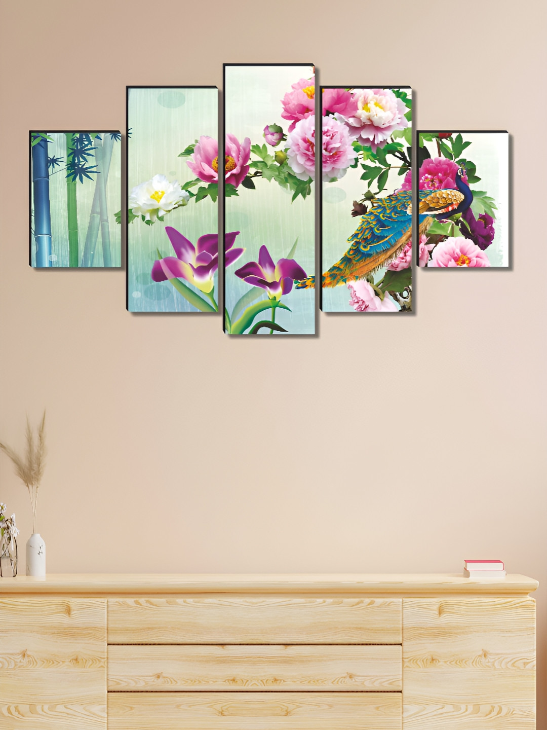 Myntra Elegant Homes Green & Pink 5 Pieces Wooden Flower Painting Wall Arts