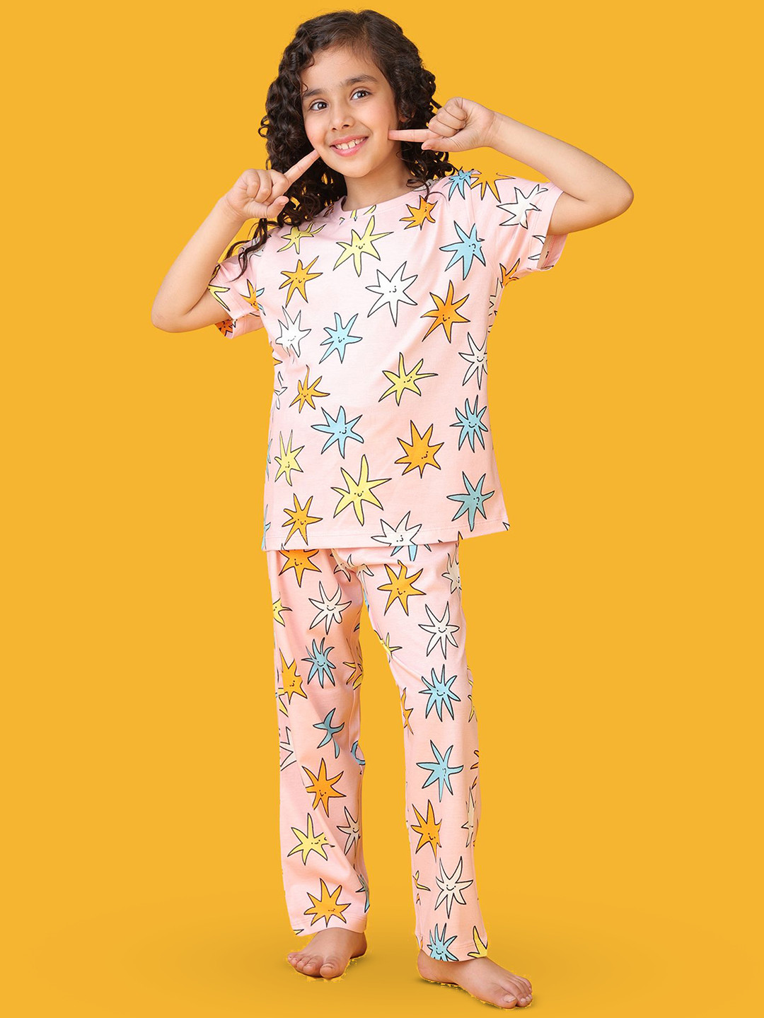 Anthrilo Girls Pink Star Printed Short Sleeves Pure Cotton Night suit