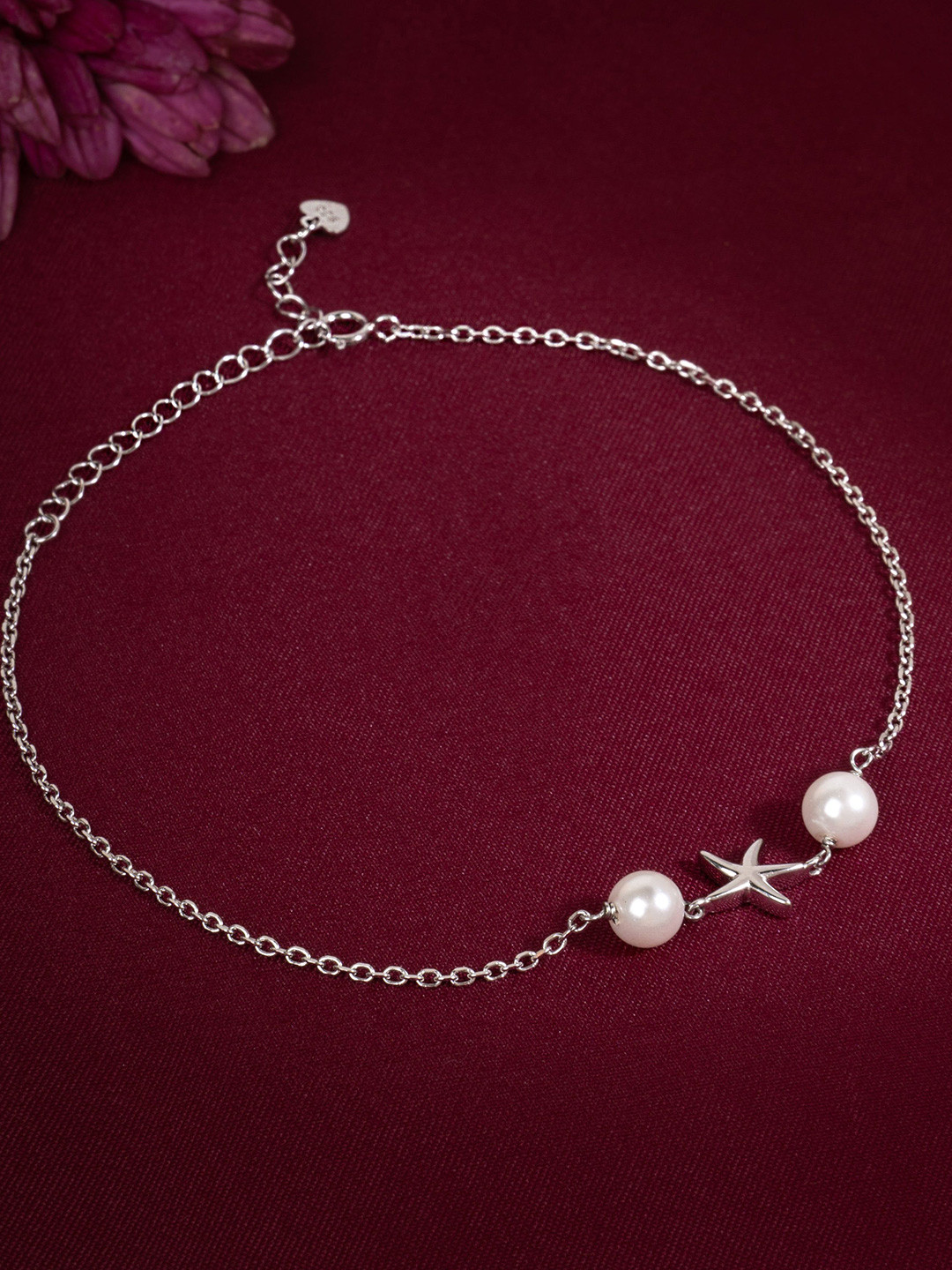 RACHIVA 925 Sterling Silver Rhodium-Plated Pearls Beaded Starfish Anklet