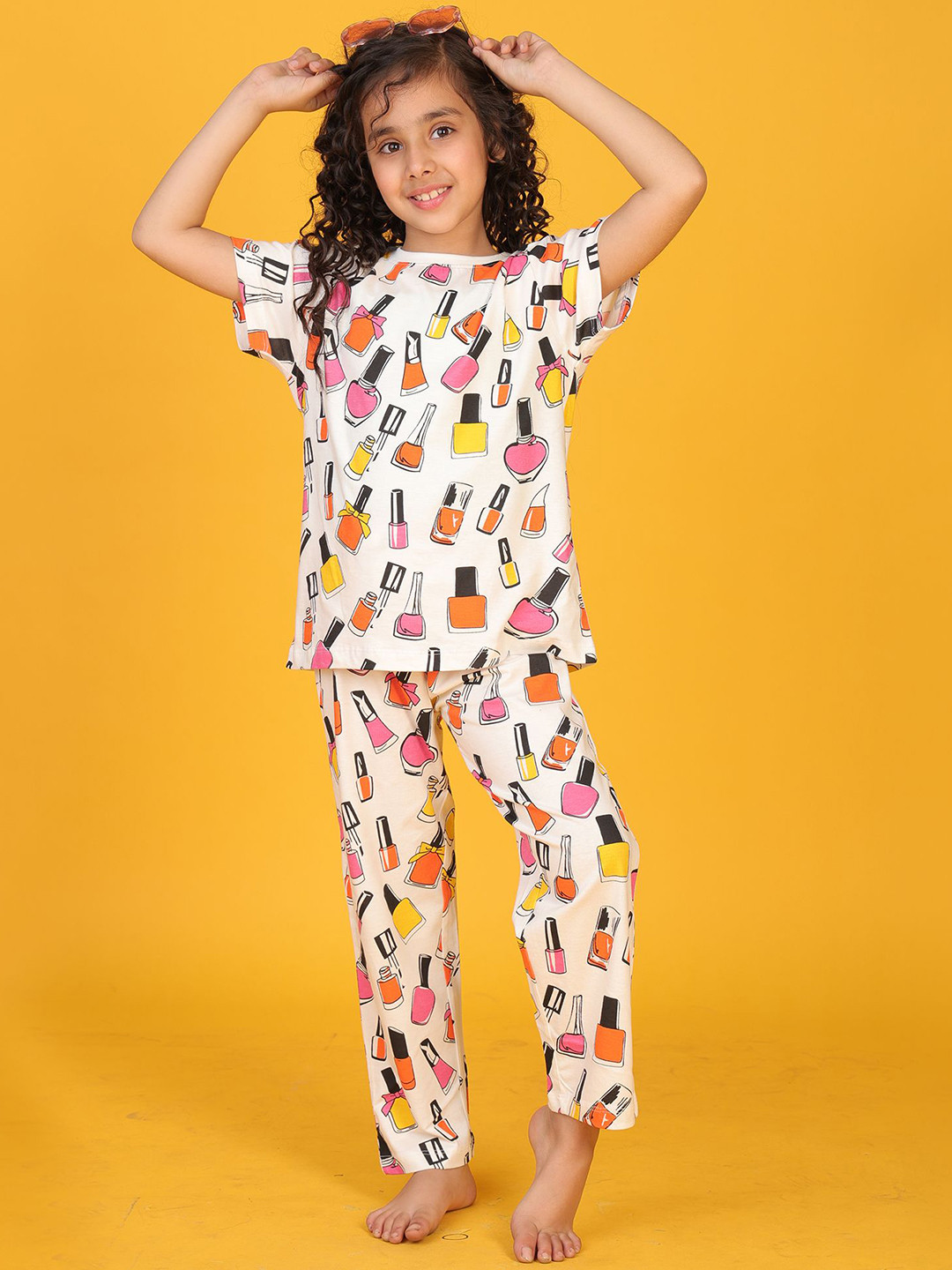 Anthrilo Girls Nail Paint Short Sleeve Pyjama Set White Night suit