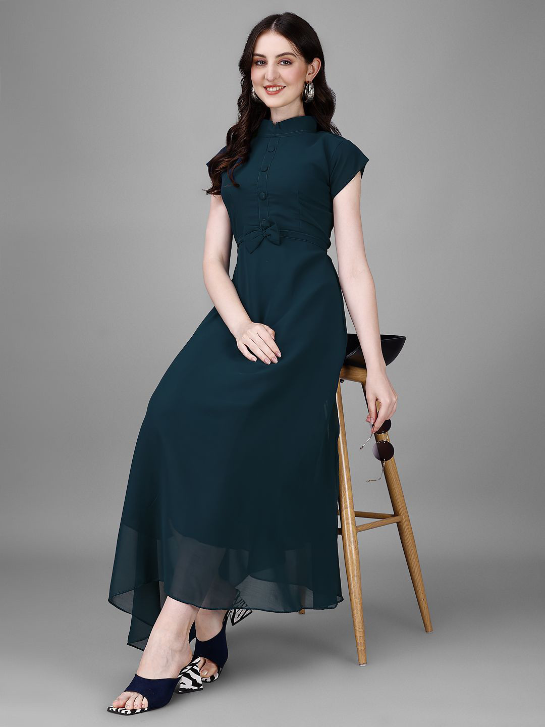 Jash Creation Solid Mandarin Collar Bow Detail A-Line Maxi Dress