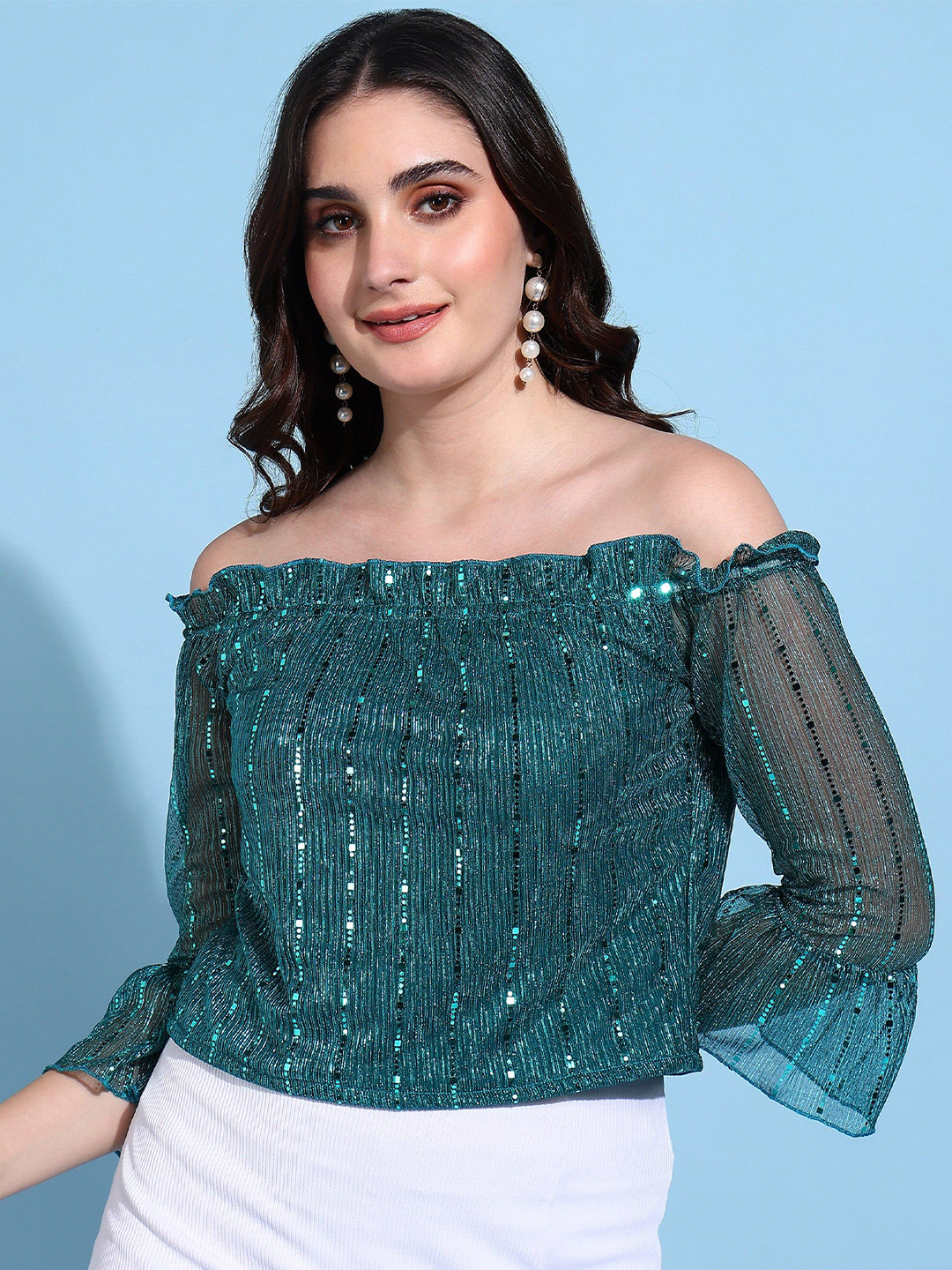 MISS HAUTE Women Embellished Off-Shoulder Bell Sleeve Top