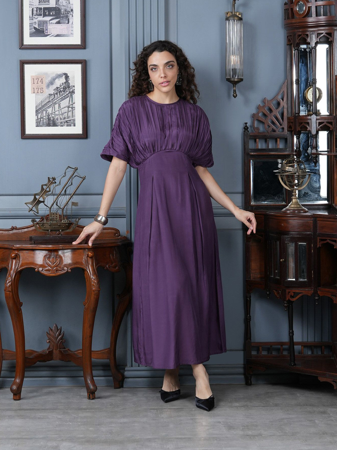 JISORA Women Solid Purple Russian Silk Dress