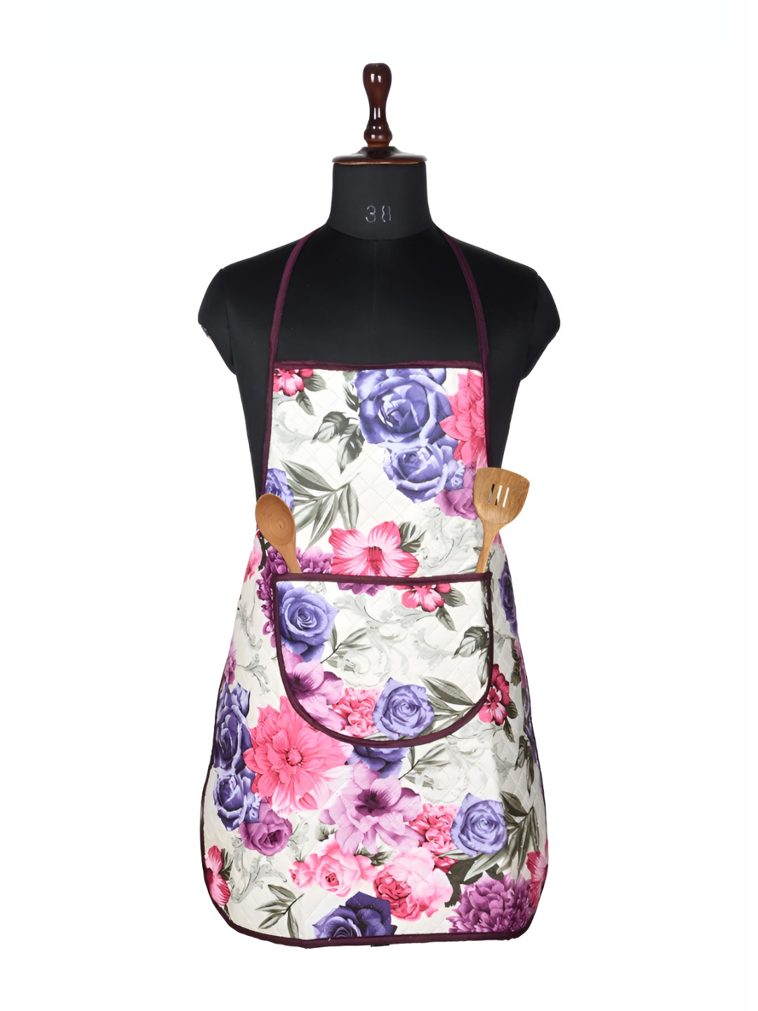 Aura White & Pink Floral Printed Apron With Center Pocket
