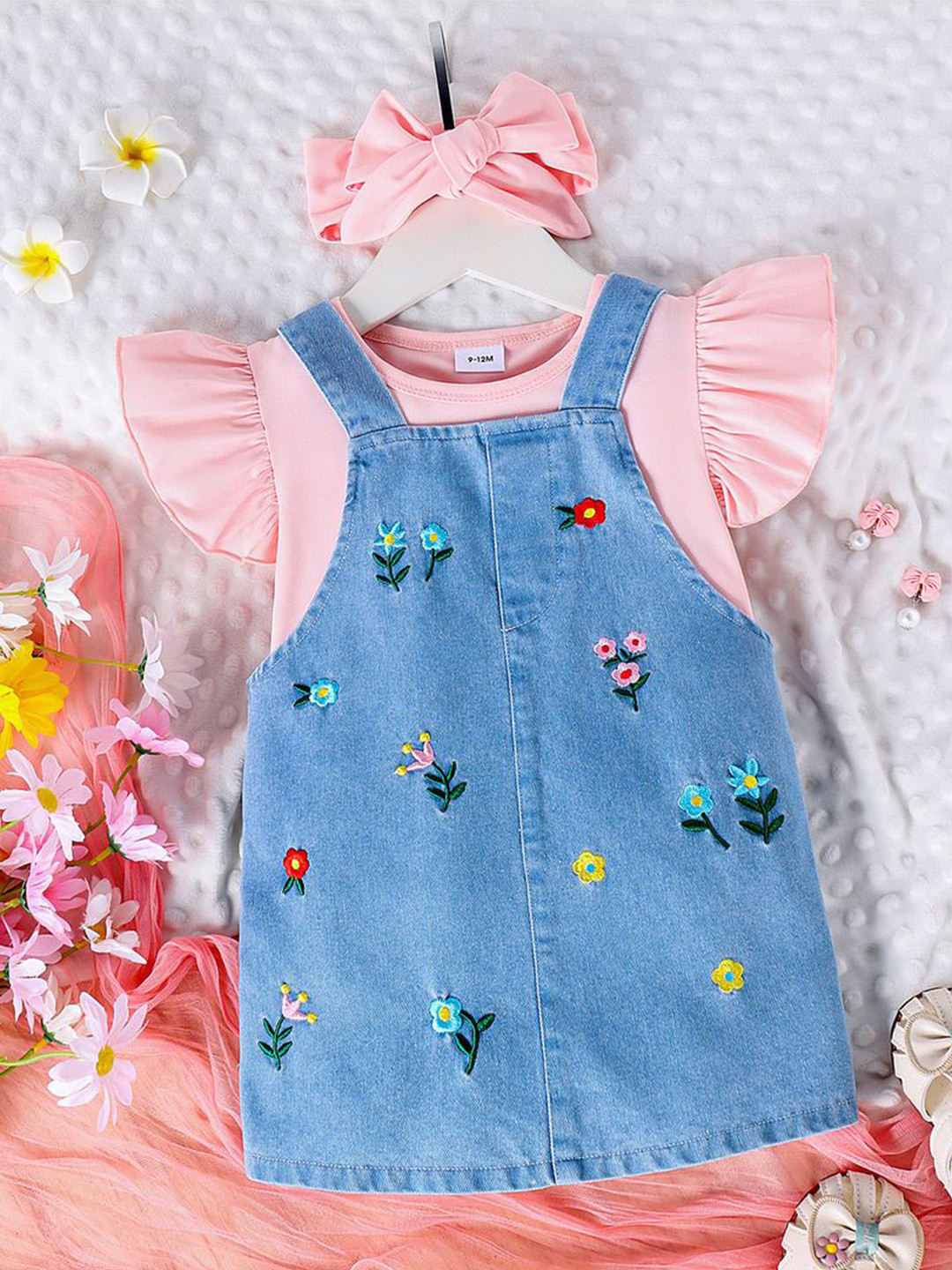 Xsole Girls Floral Embroidered Denim Pinafore Dress With Hairband