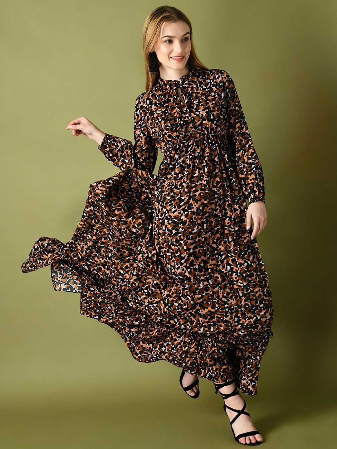 Raiyani Enterprise Animal Printed Tie-Up Neck Fit & Flared Dress