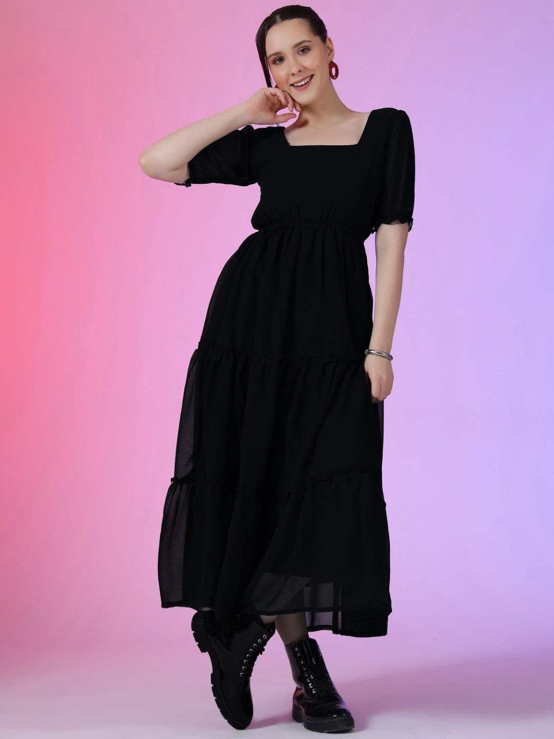 Femvy Women Square Tiered Neck A-Line Maxi Dress