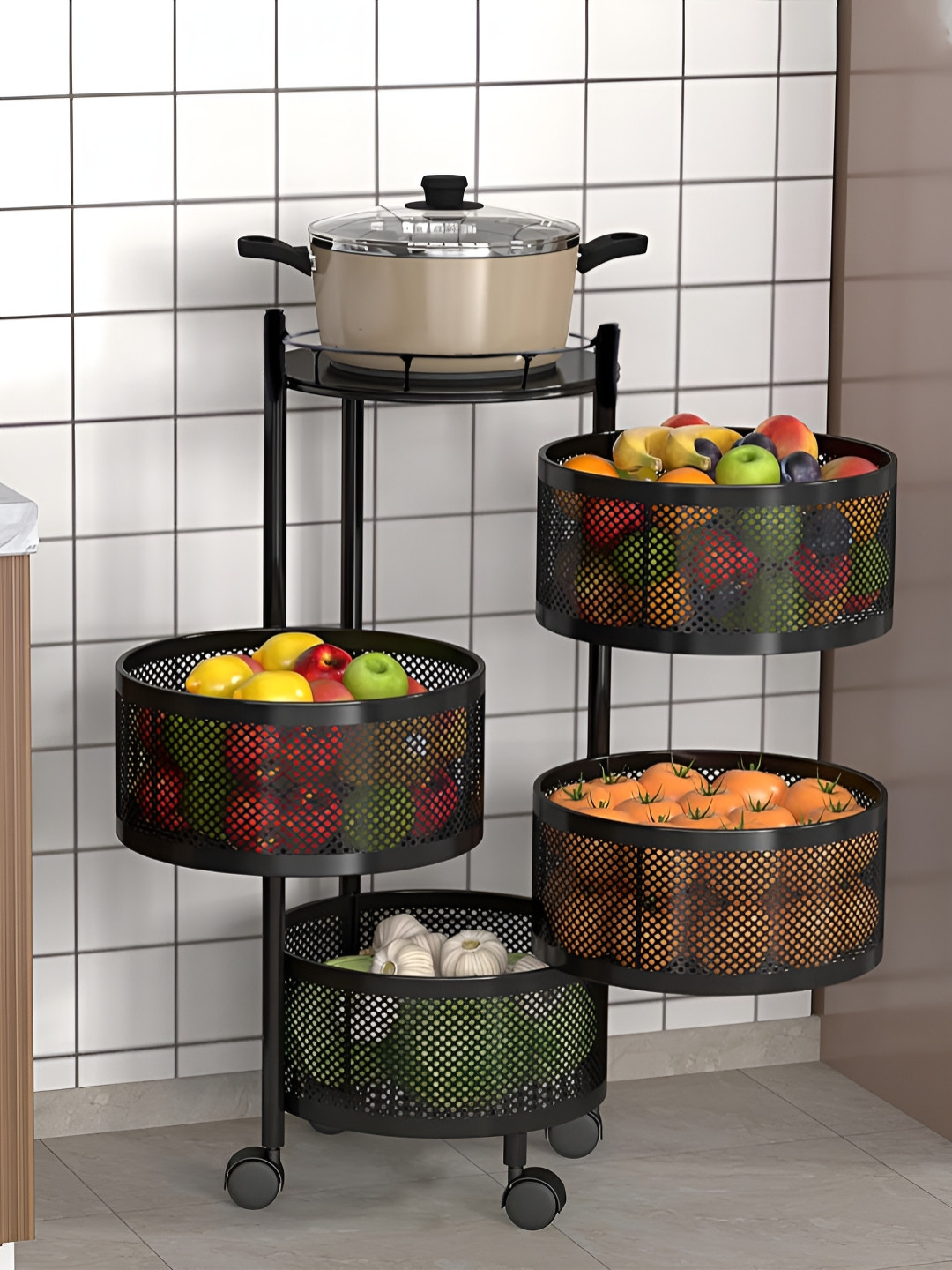 Aura Black Metal 4-Layer Rotating Multipurpose Storage Rack Trolley With Wheels