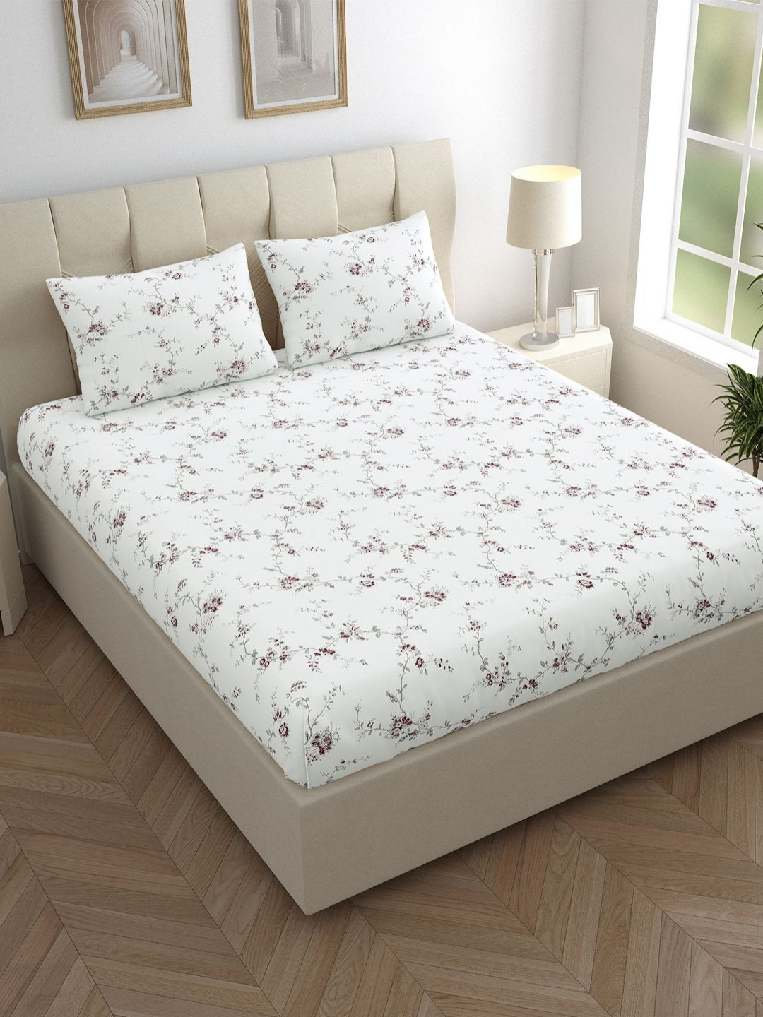 LINENWALAS Happy Sleeping White Floral Pure Cotton 210 TC Fitted Single Fine Bedsheet with a Pillow Cover-91 x 198 cm