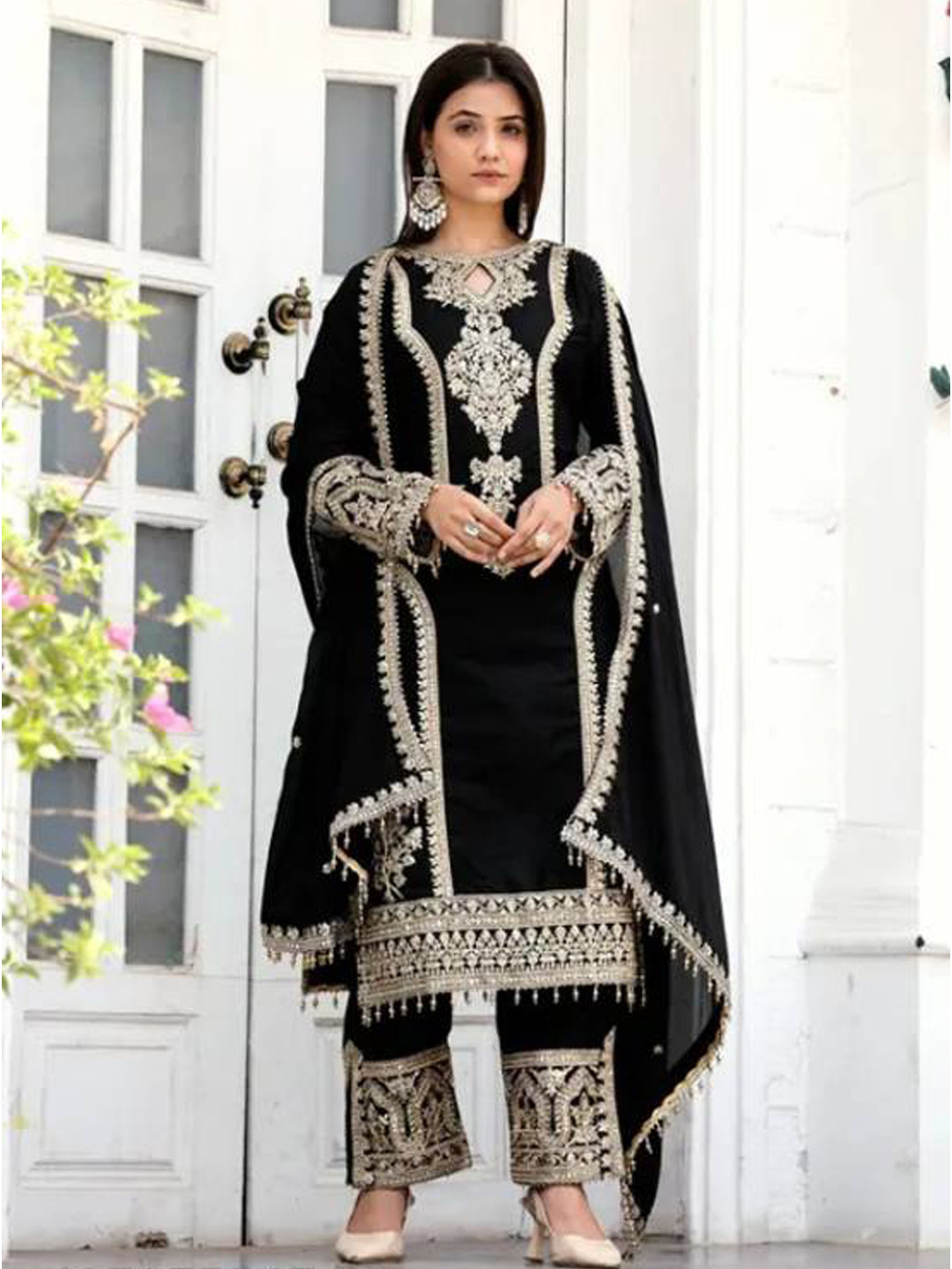 AKSHARAM Floral Embroidered Sequinned Keyhole Neck Straight Kurta With Trousers & Dupatta