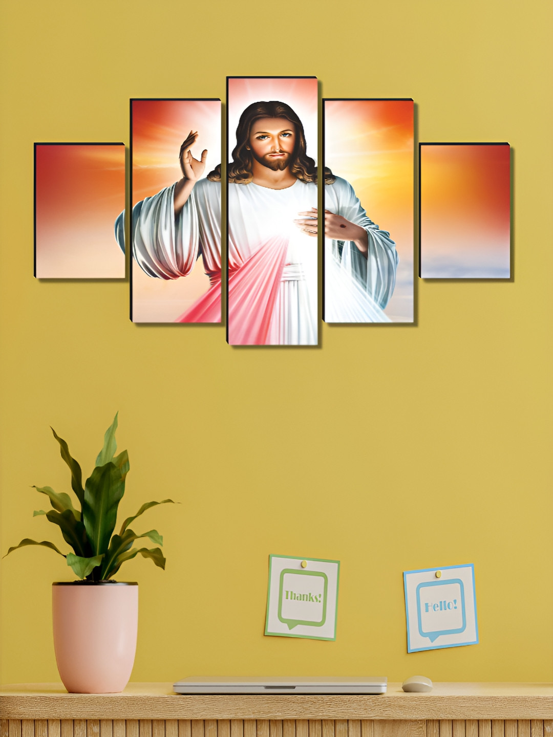 Myntra Elegant Homes White & Pink 5 Pieces Wooden Prabhu Yeshu Painting Wall Arts