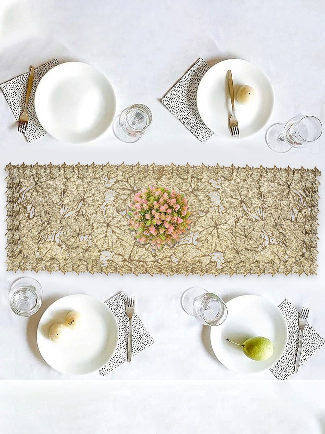 Aura Gold-Toned Leaf Design Rectangular Table Runner