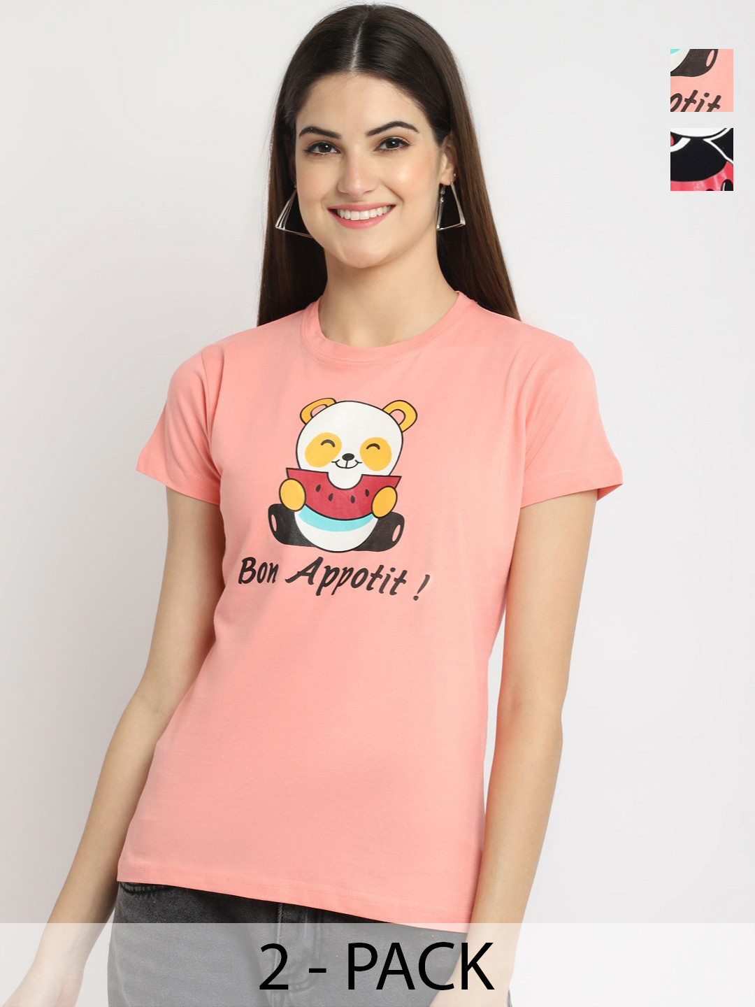 Tromko Women Pack of 2 Mickey Mouse Graphic Printed Round Neck Cotton Regular Fit T-shirts