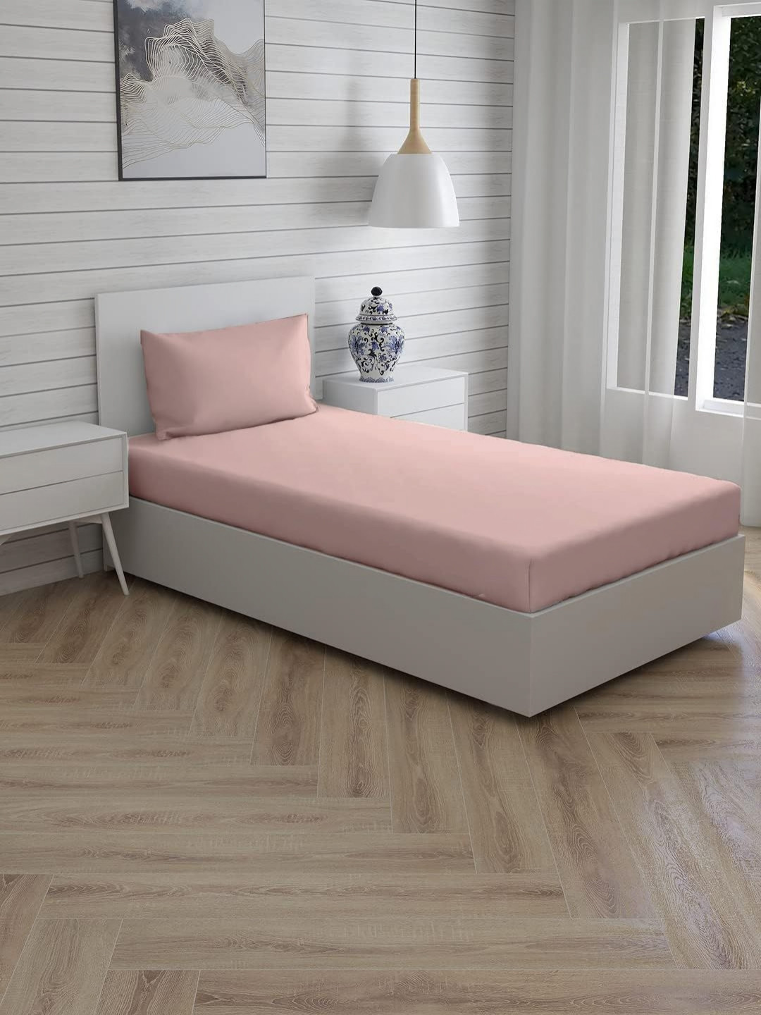 Trance Home Linen Coral Cotton 300 TC Fitted Single Fine Bedsheet with a Pillow Cover-72 x 30 inches