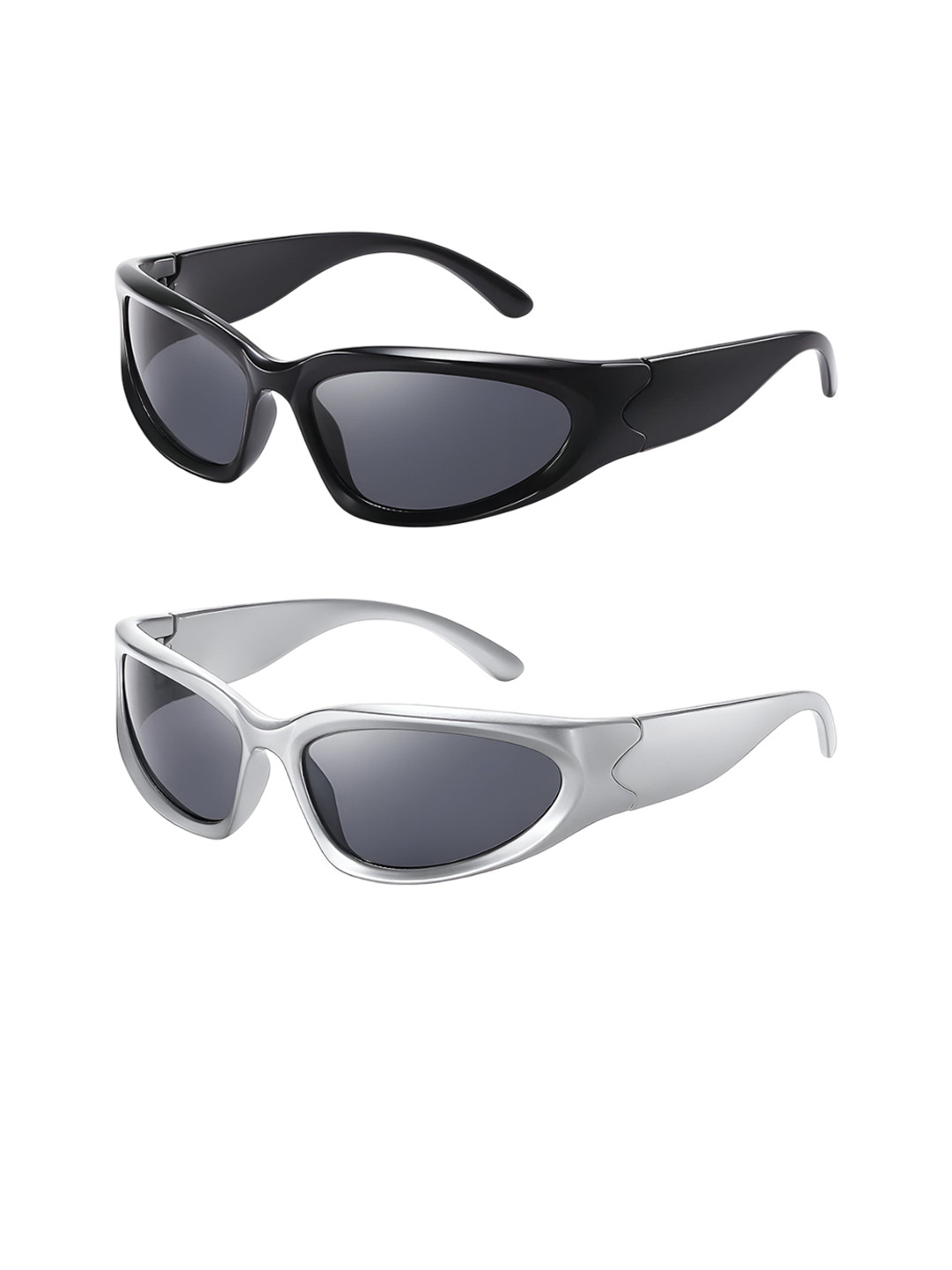 FUNGLASSES Unisex Pack Of 2 Wrap Around Shape Sunglasses SOLJAR BLACK & SILVER BLACK COMBO