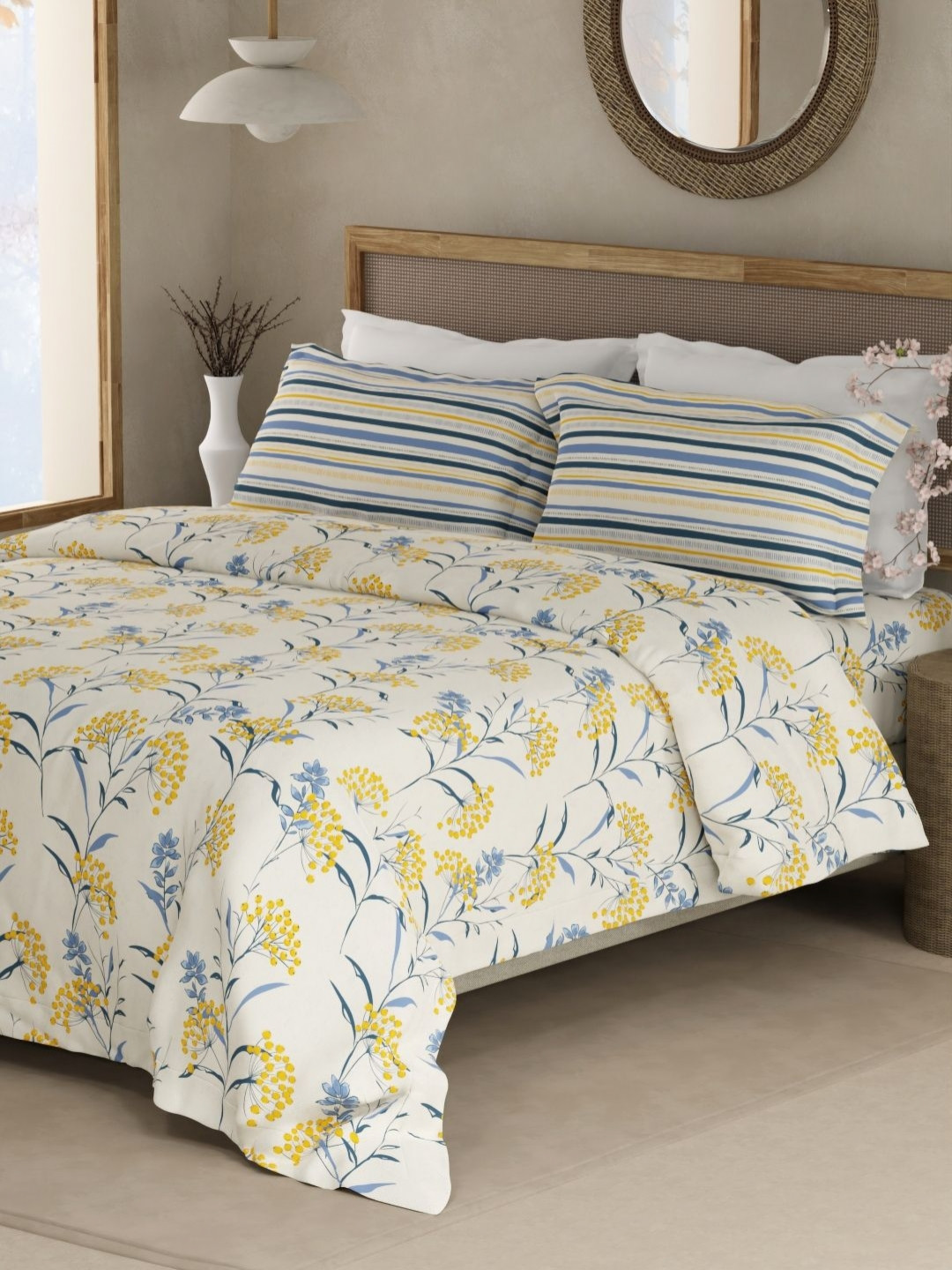 Boutique Living India Valatia Yellow Printed Cotton 200TC Queen Bedsheet Set 2.5m x 2.24m