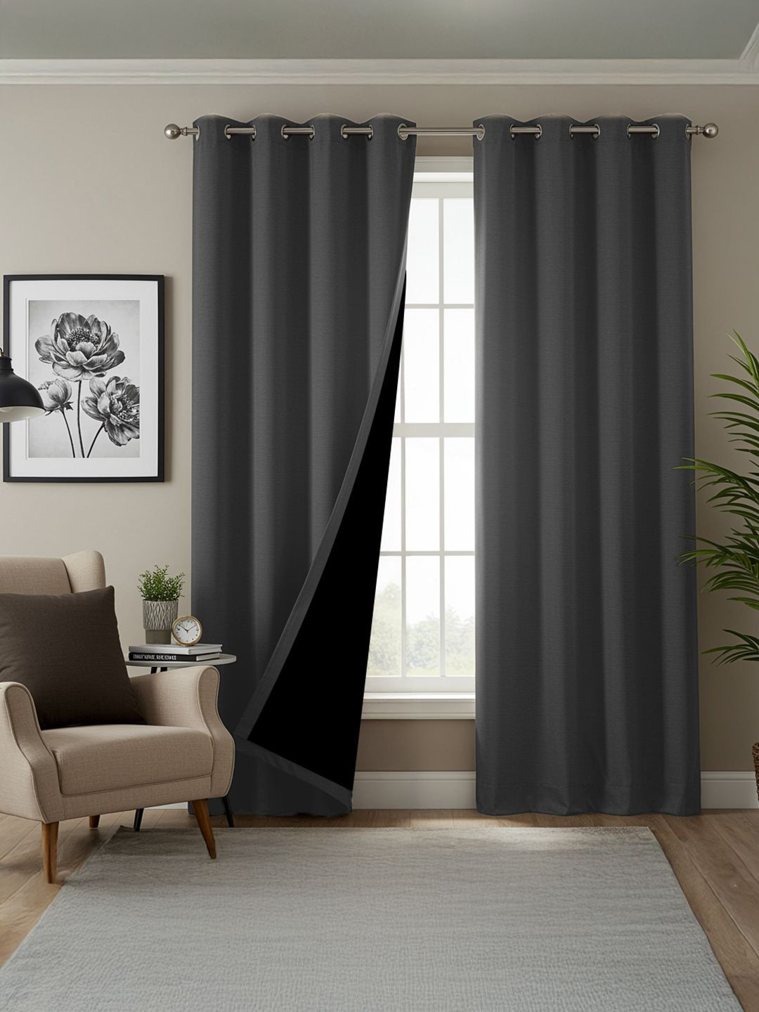 URBAN SPACE Grey Set of 2 100% Black Out Window Curtain