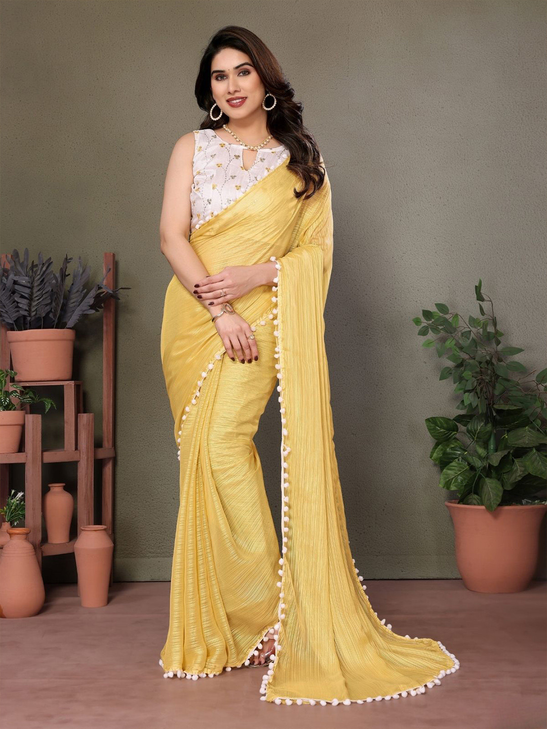 Odette Yellow Banglori Lace Work Stripped Saree With Unstitched Blouse For Women