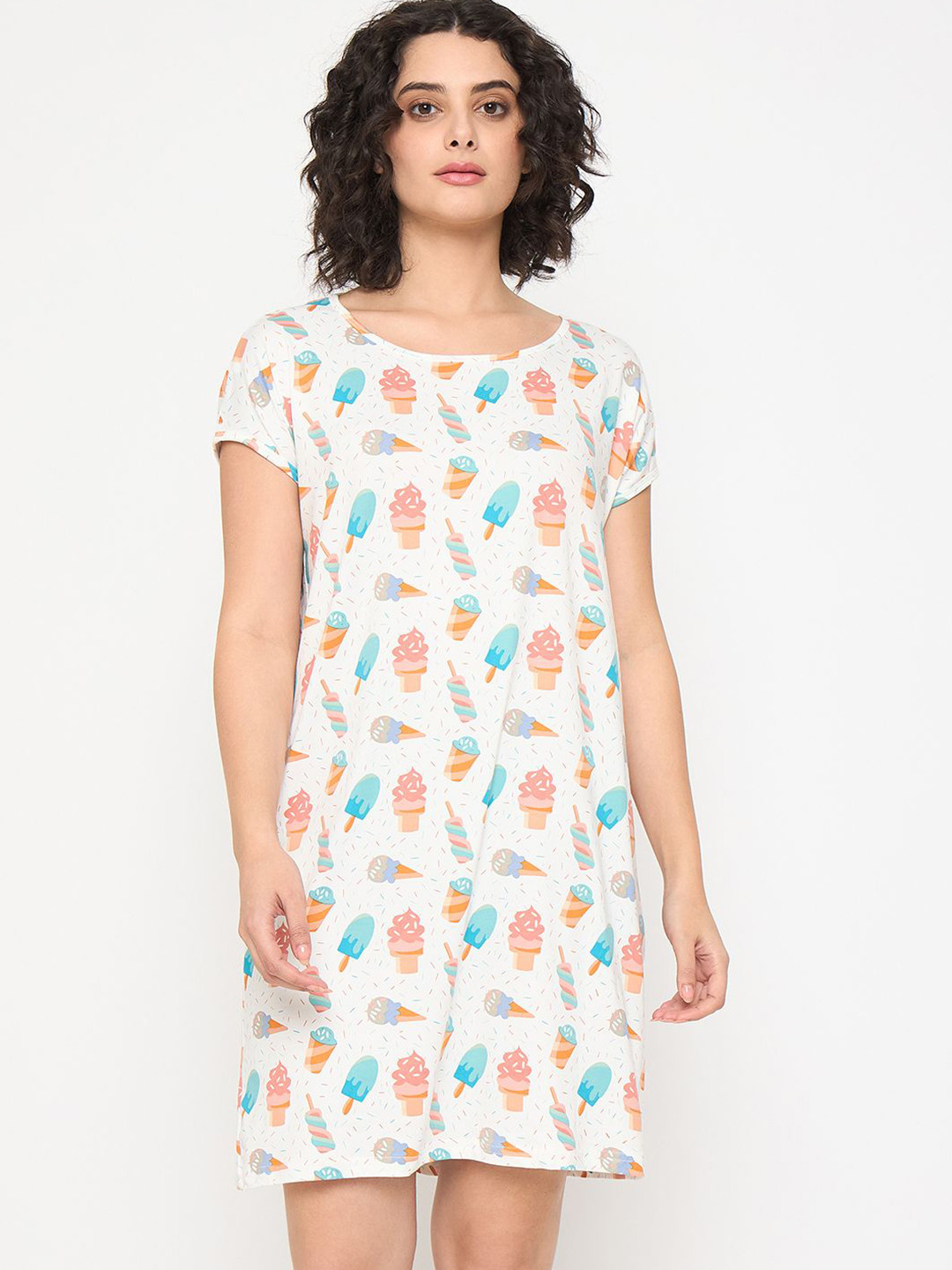 Camey Women Printed Round Neck Short Sleeve Nightdress