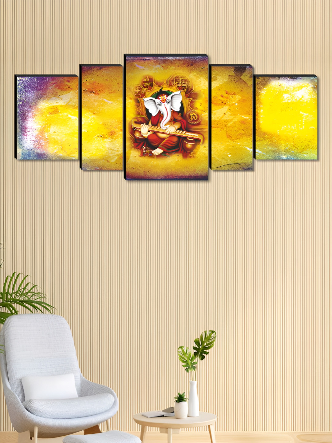 Myntra Elegant Homes Yellow & White 5 Pieces Wood Religious Lord Ganesh Painting Wall Arts
