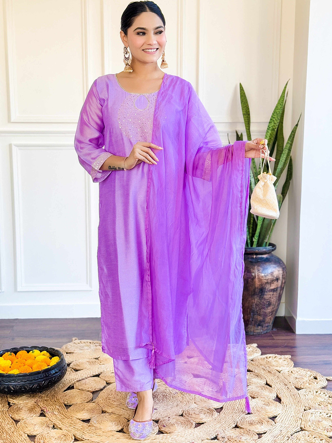 4 season Floral Embroidered Sequinned Chanderi Silk Straight Kurta With Trousers & Dupatta