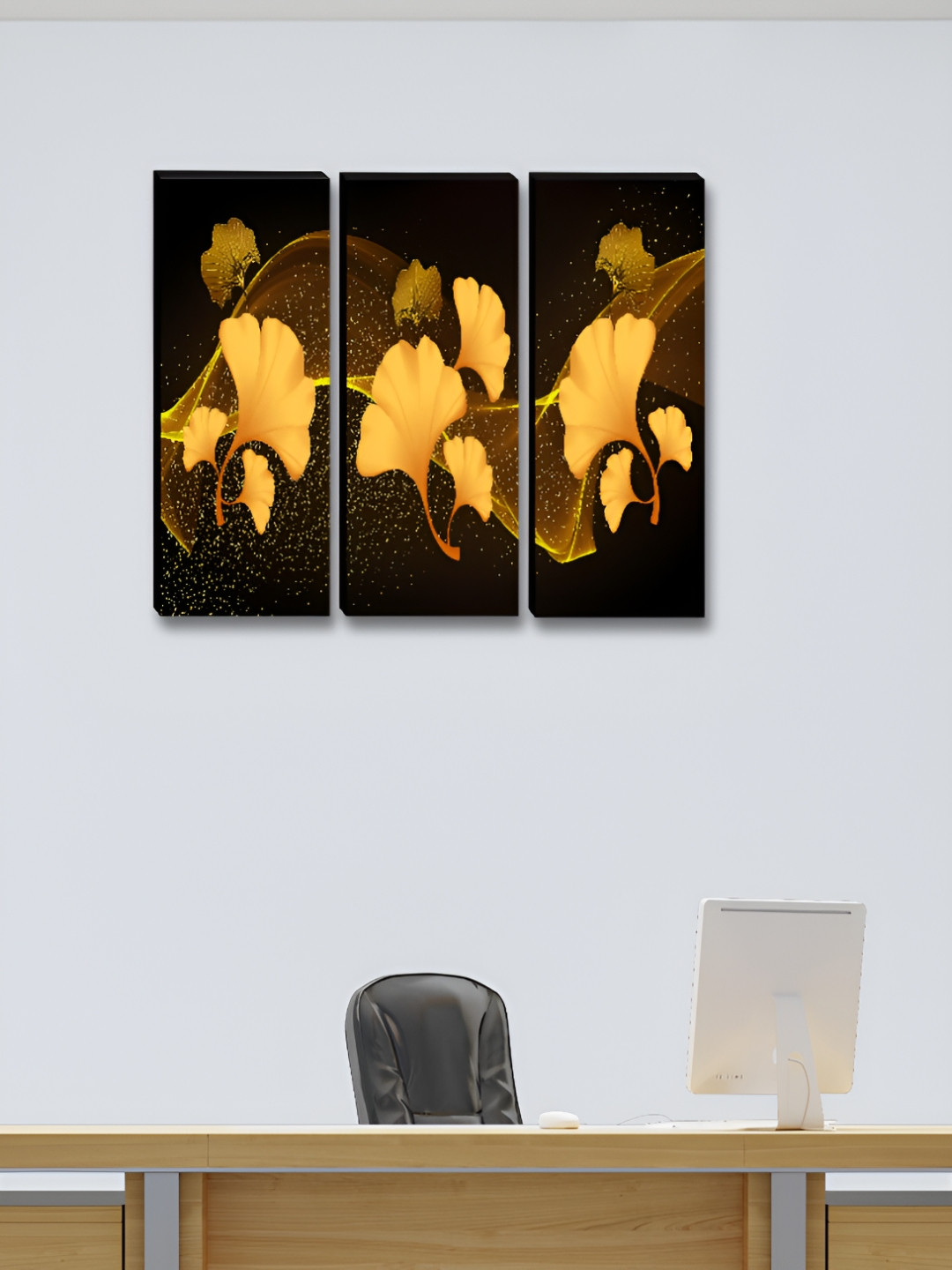 SAF Black & Yellow 3 Pieces Floral and Botanical Synthetic Wood Wall Paintings
