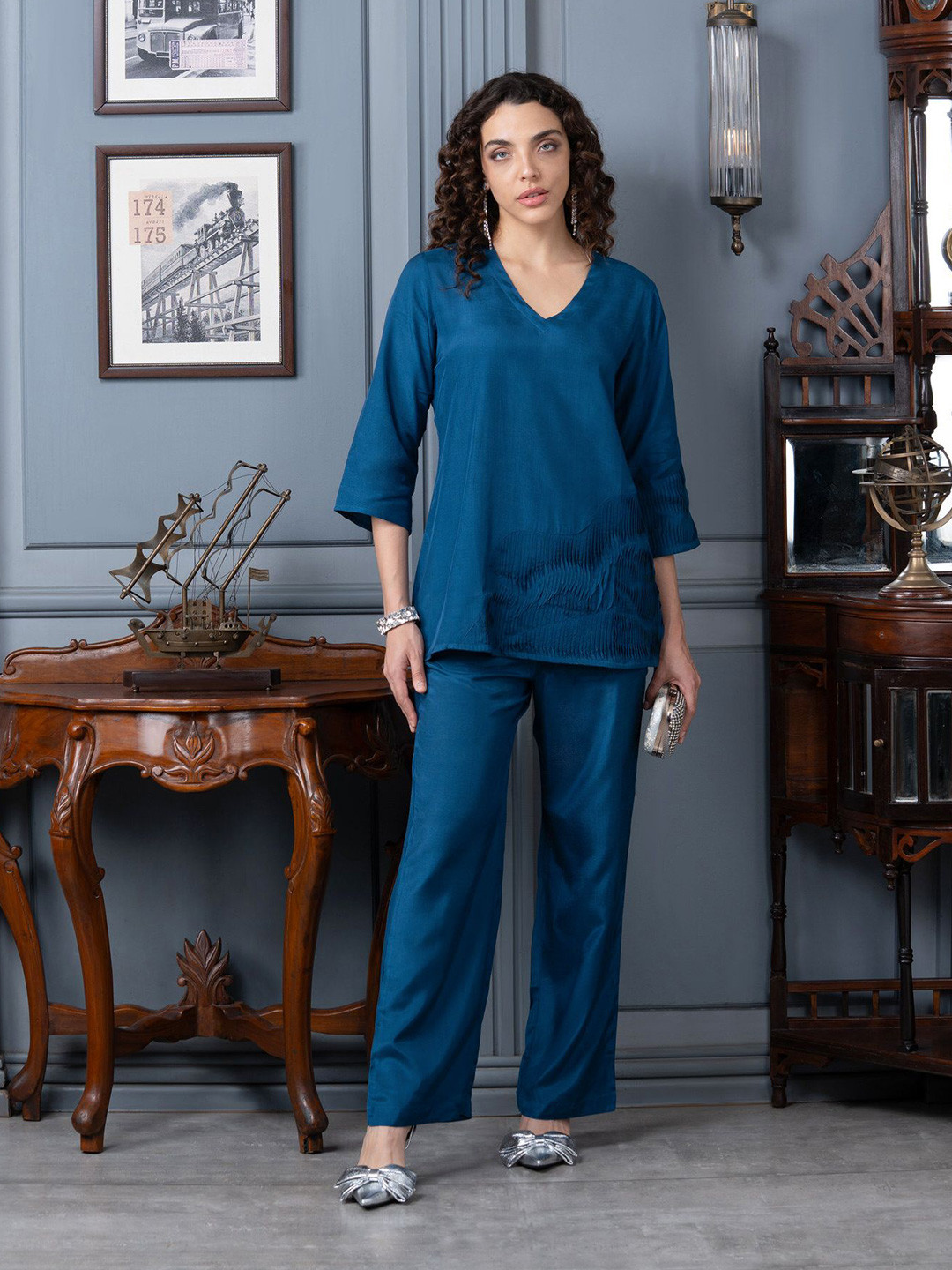 JISORA Solid Blue Pure Silk Tunic With Trousers Co-Ords