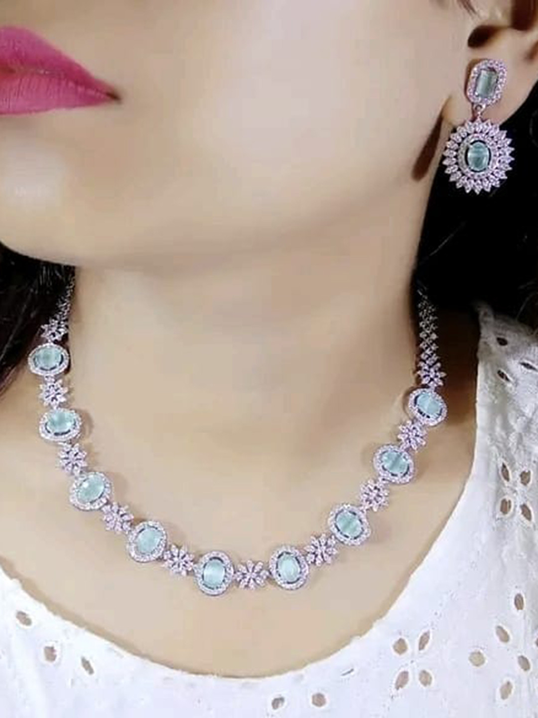 FANCY KF Silver-Plated American Diamond-Studded Jewellery Set