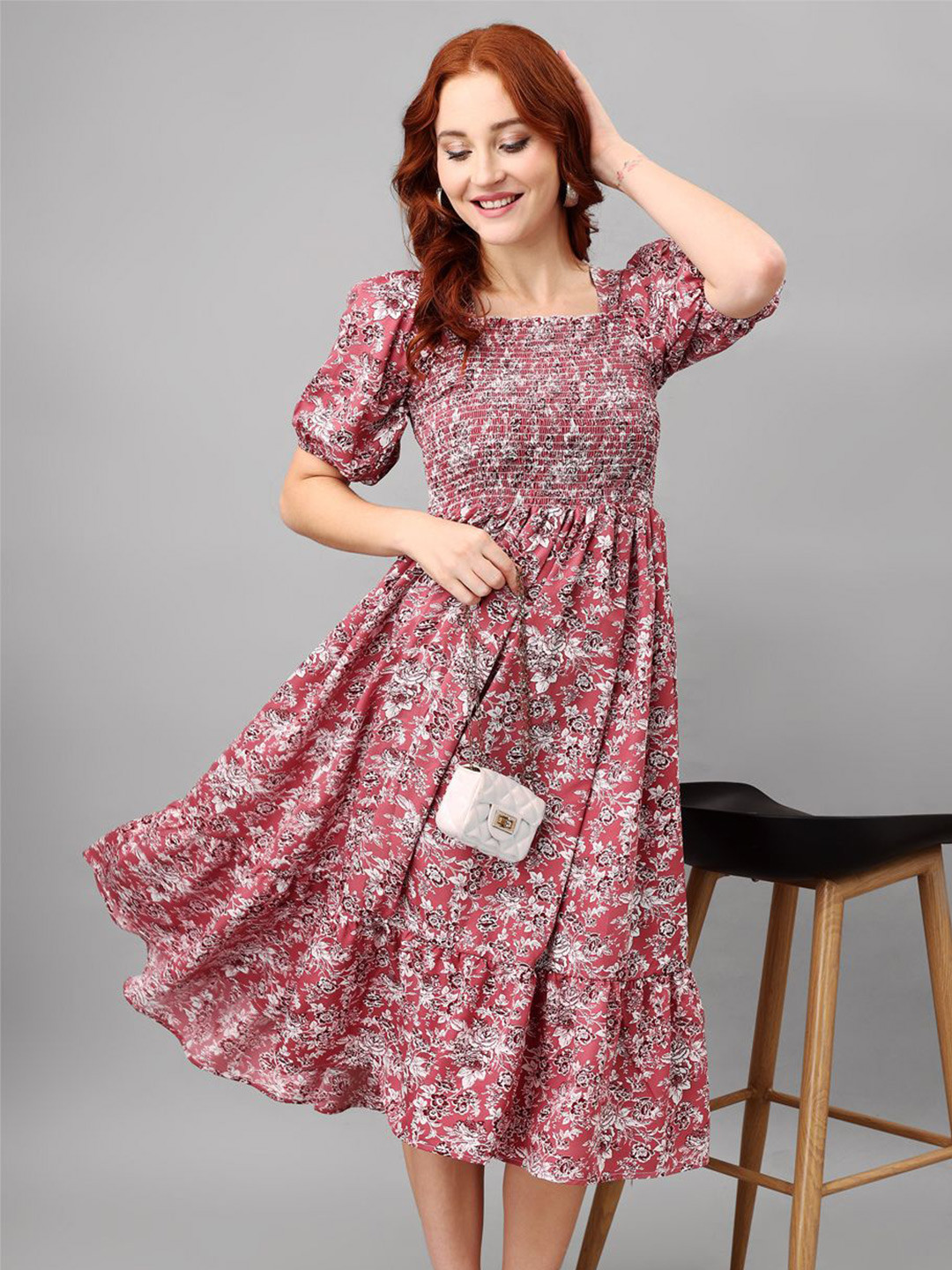 Raiyani Enterprise Women Floral Printed Square Neck Smoked Puff Sleeves Fit & Flare Dress