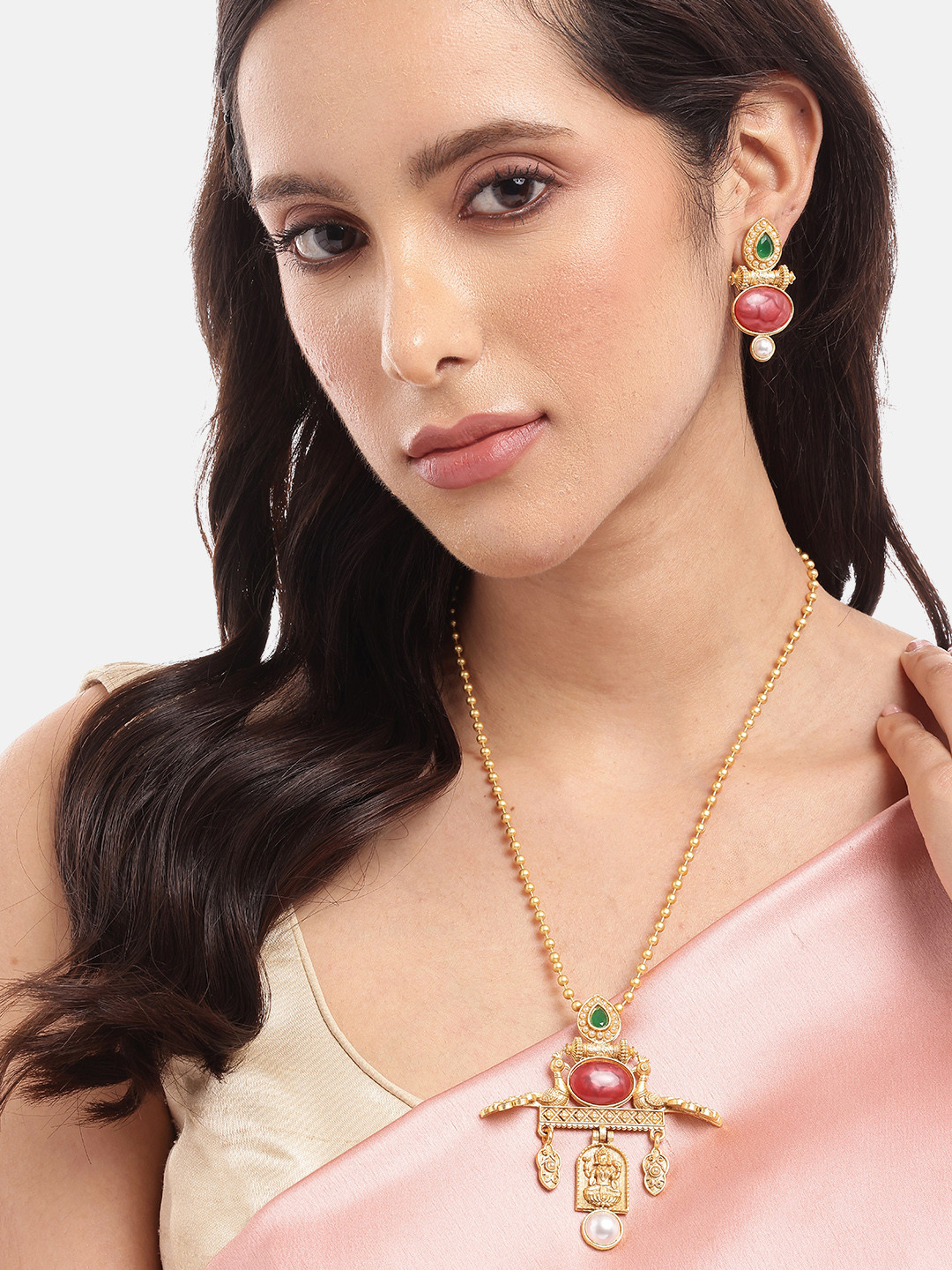 MANSIYAORANGE Gold Plated Pearls Studded With Peacock Temple Pendant Chain and Earrings