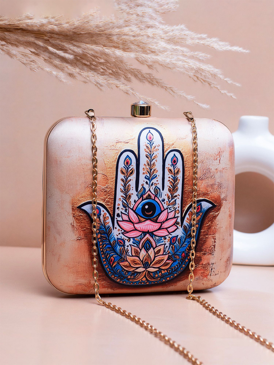 ARTKLIM Hamsa Hand Printed Shoulder Strap Box Clutch