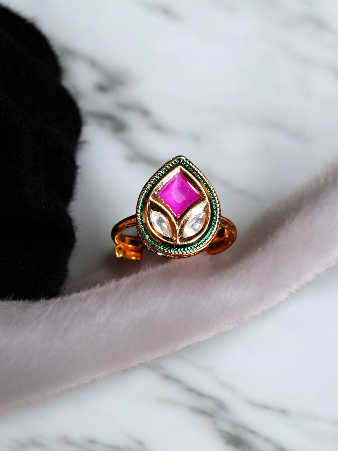 Chaandi Rivaaz Diyas Gold Plated Kundan Studded Diyas Leaf Shaped Finger Ring