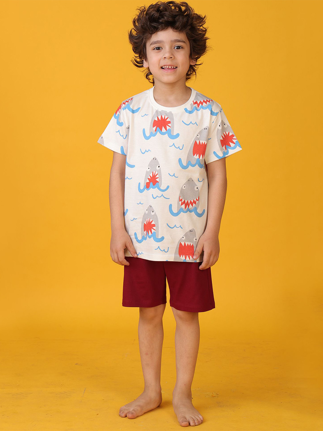 Anthrilo Boys Shark Mehroon Sleepwear Short Set