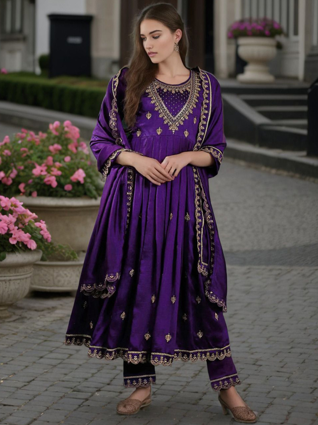BLACK SCISSOR Floral Embroidered Round Neck Zari A-Line Kurta With Trousers & Dupatta