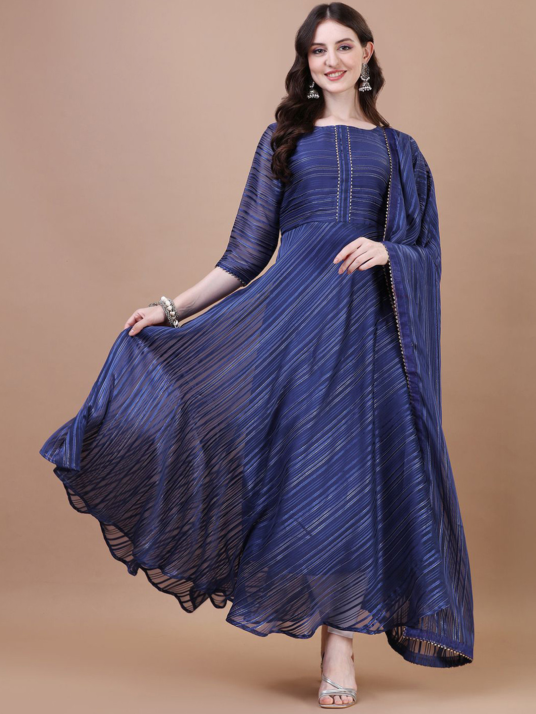 PMD Fashion Striped Woven Design Square Neck A-Line Kurta With Dupatta